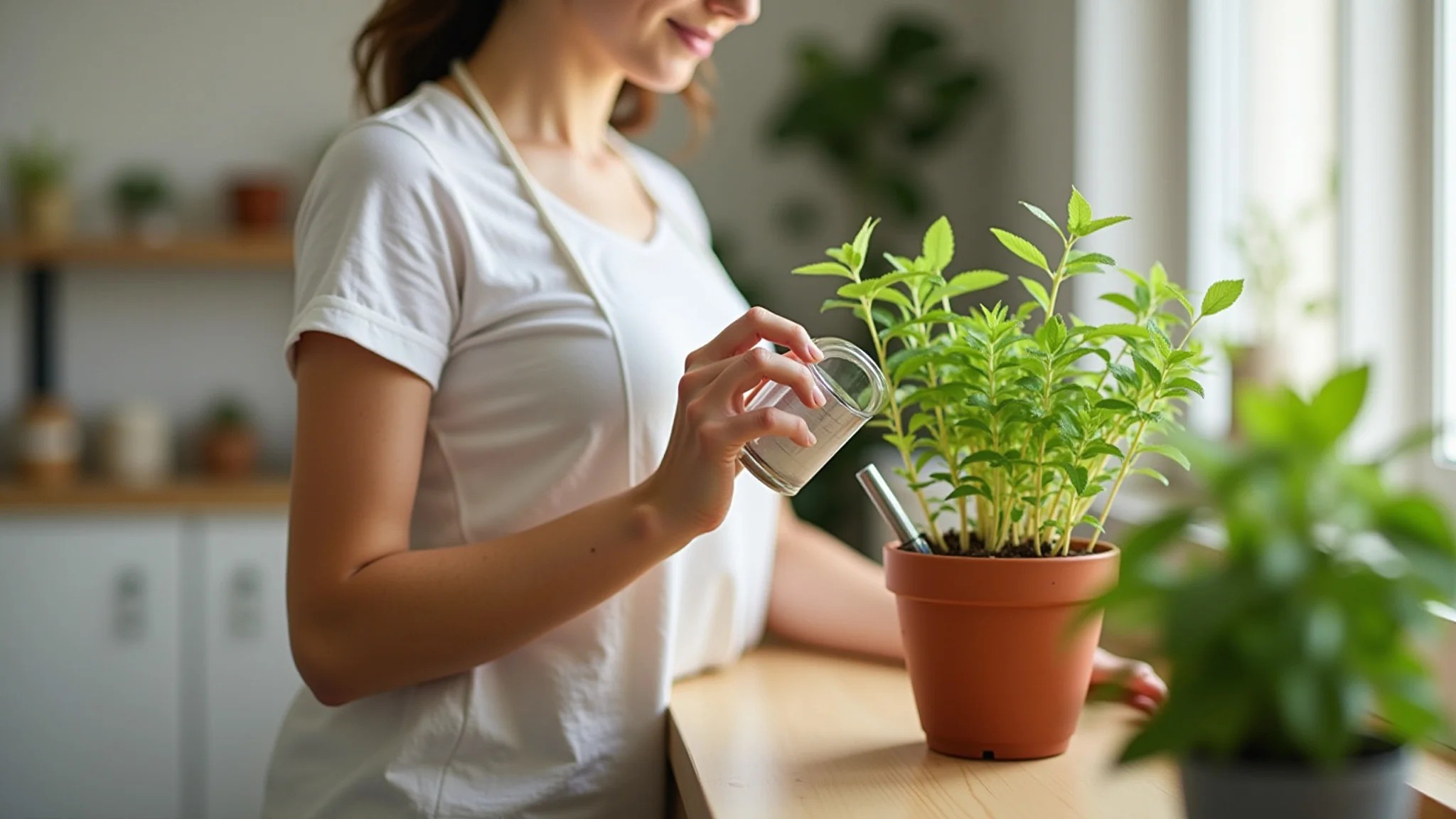 Mulher regando hortelã em vaso de barro, luz natural, decoração brasileira.