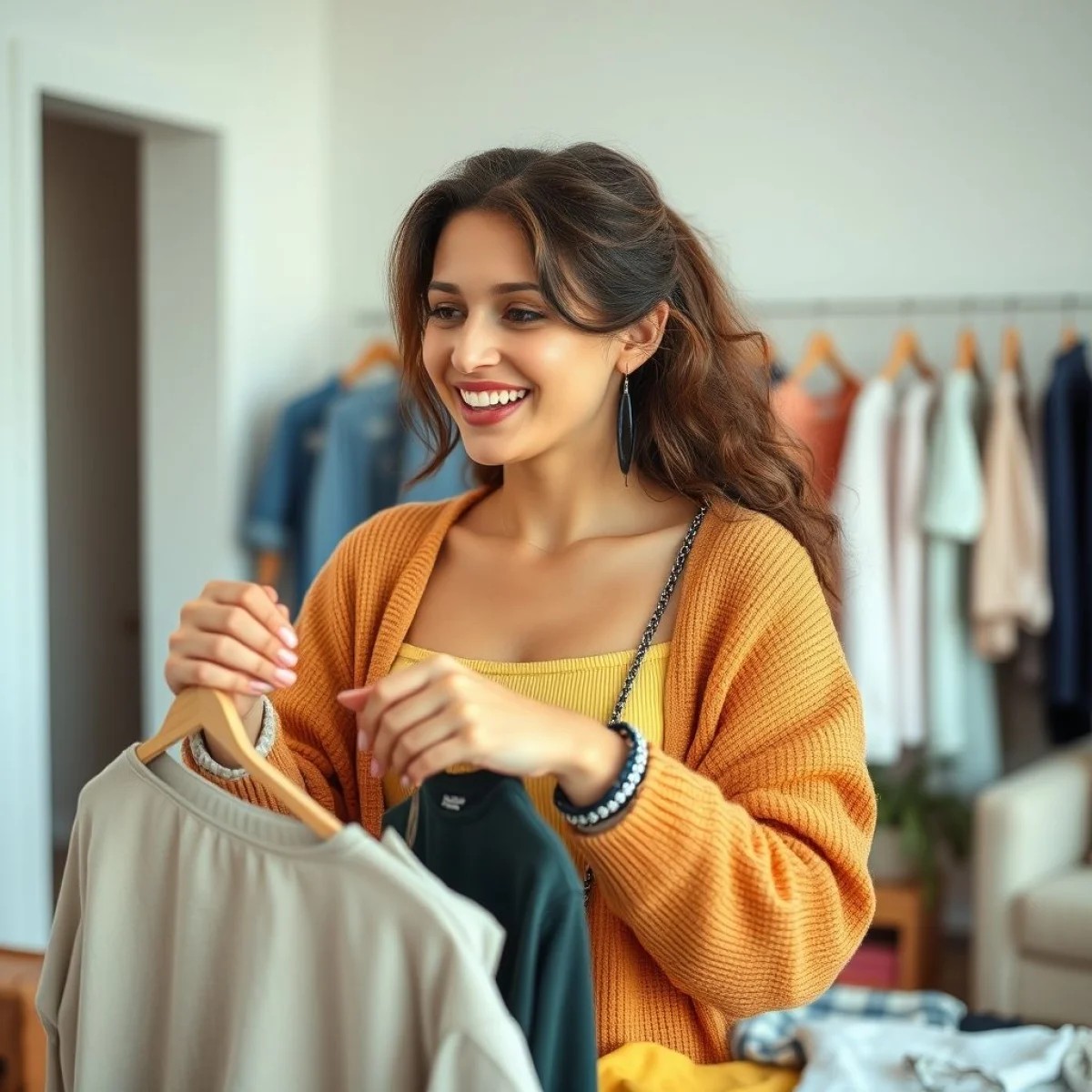 Mulher feliz criando novos looks com as roupas que já possui, incentivando a criatividade.