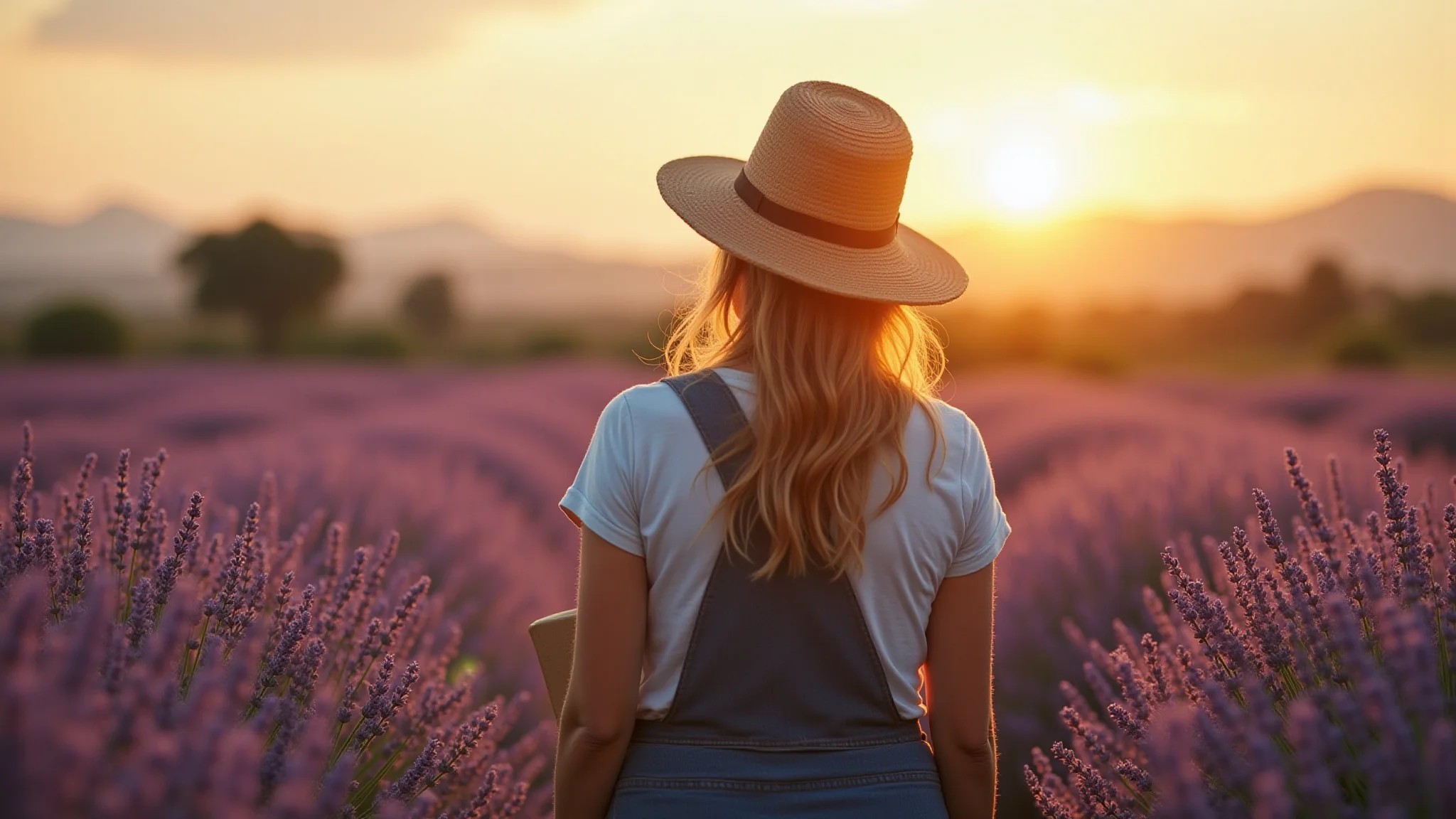 Mulher colhendo lavanda, luz suave da hora dourada, erva medicinal relaxante.