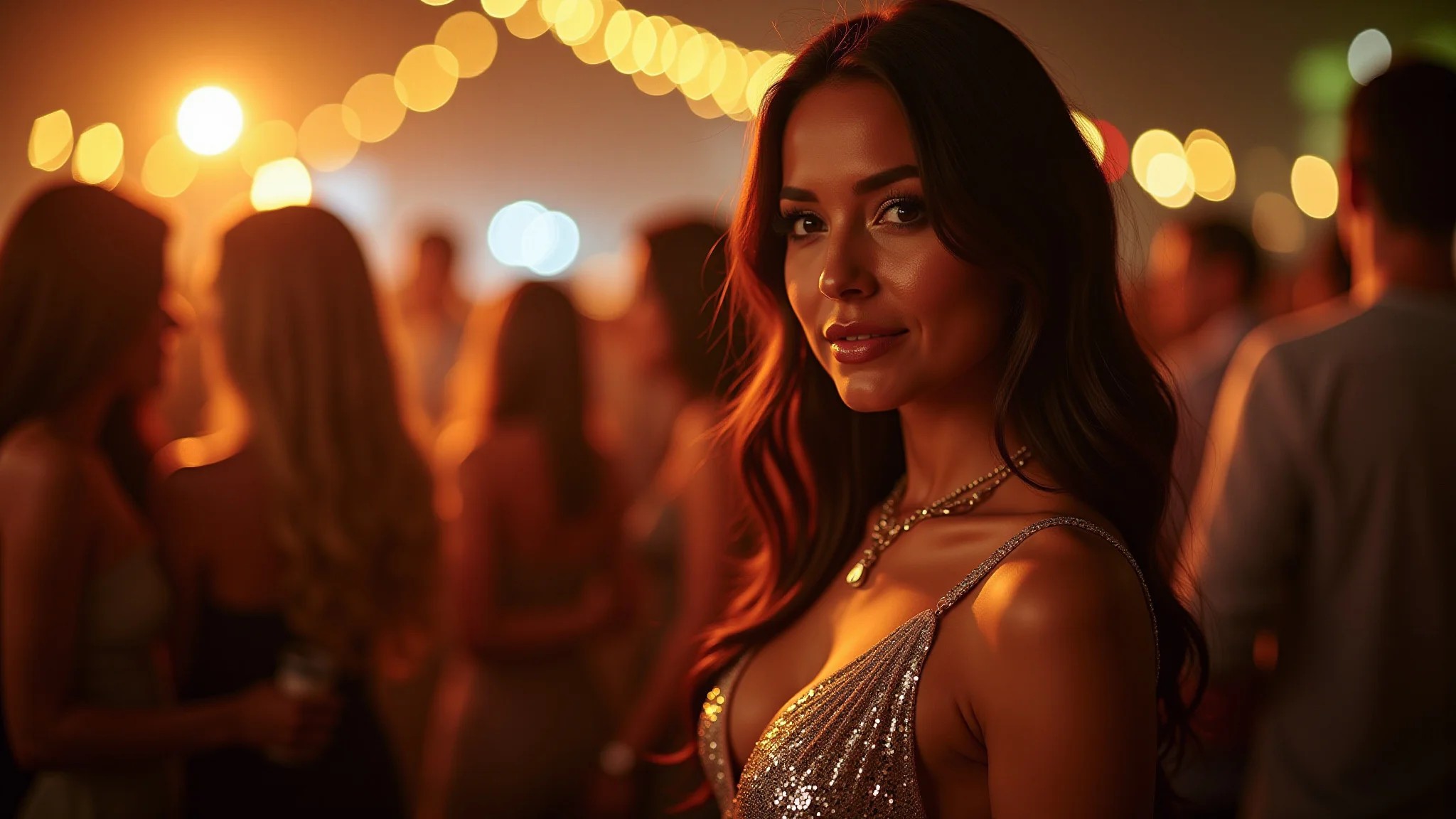 Mulher em um macacão de paetês em uma festa noturna, com iluminação suave e estilo brasileiro.