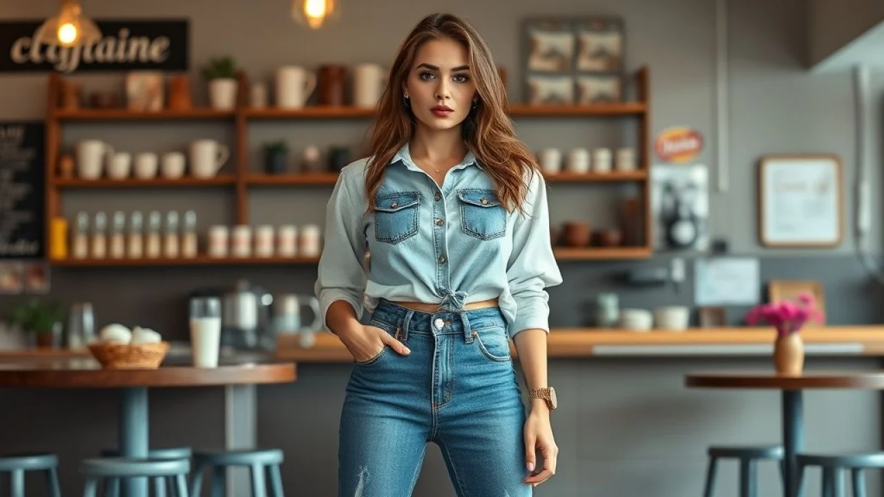 Mulher com jeans mom de cintura alta em cafeteria vintage.