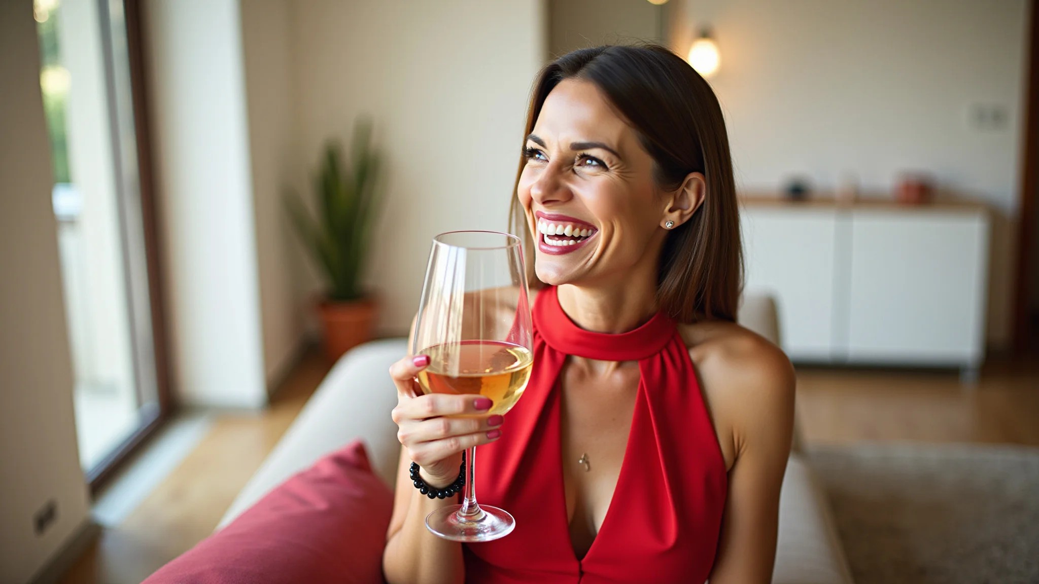 Mulher sorrindo em um jantar romântico de Dia dos Namorados, vestindo um vestido vermelho.