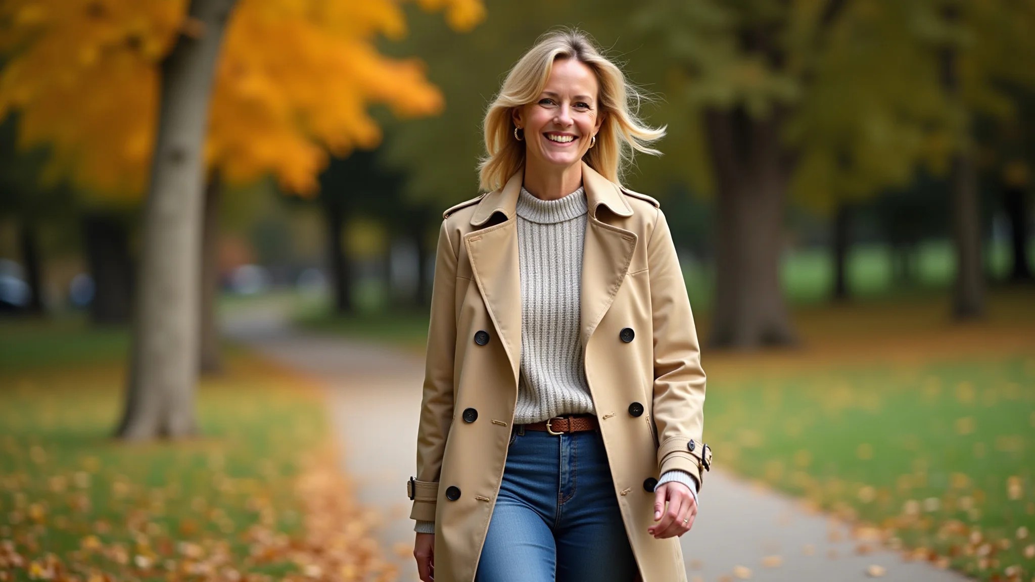 Mulher com trench coat estiloso caminhando em parque no Brasil.