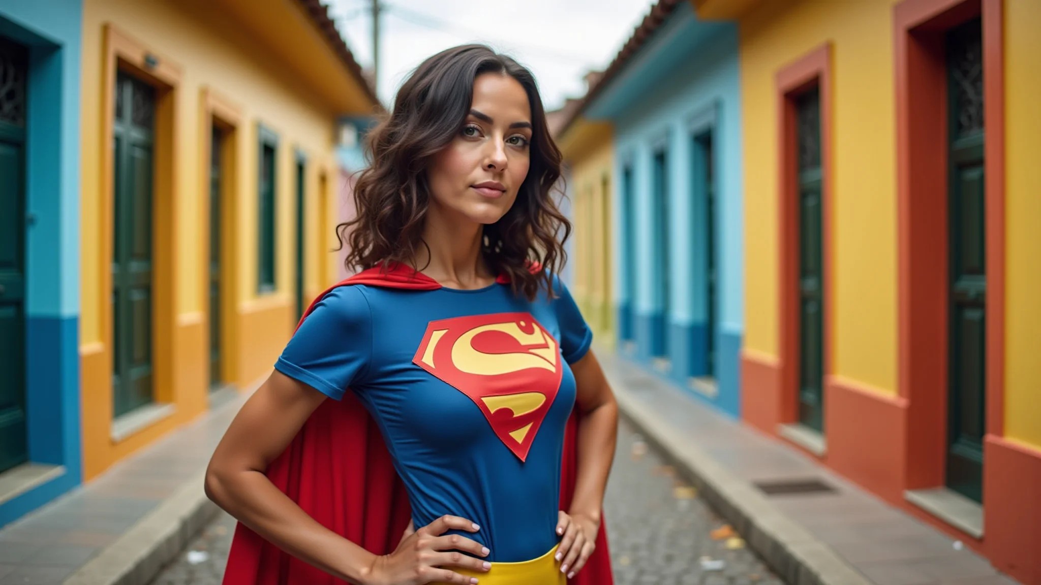Mulher confiante em fantasia de super-heroína DIY em rua colorida no Brasil.