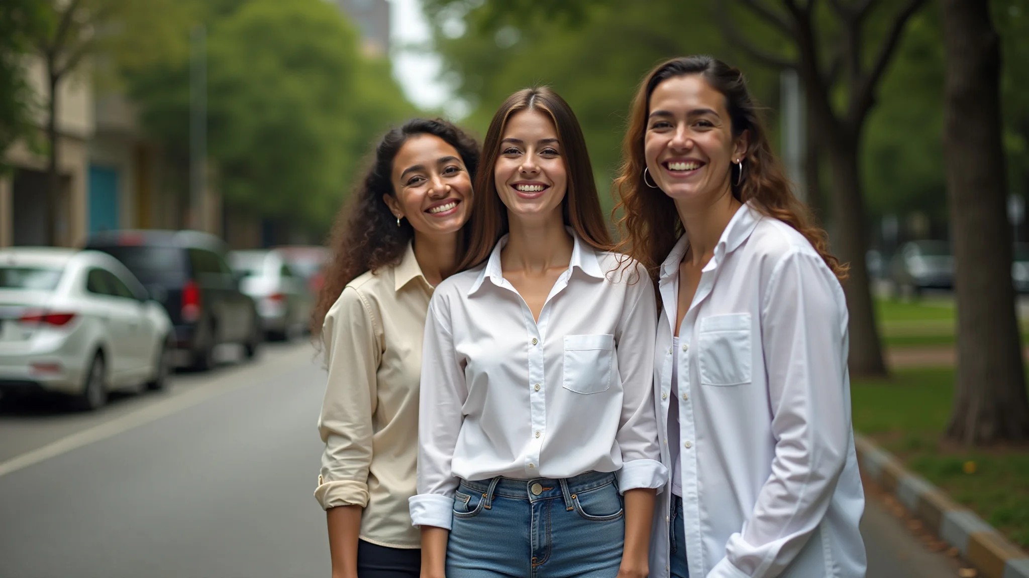 Mulher com camisa branca e jeans, diversas etnias, contexto brasileiro.