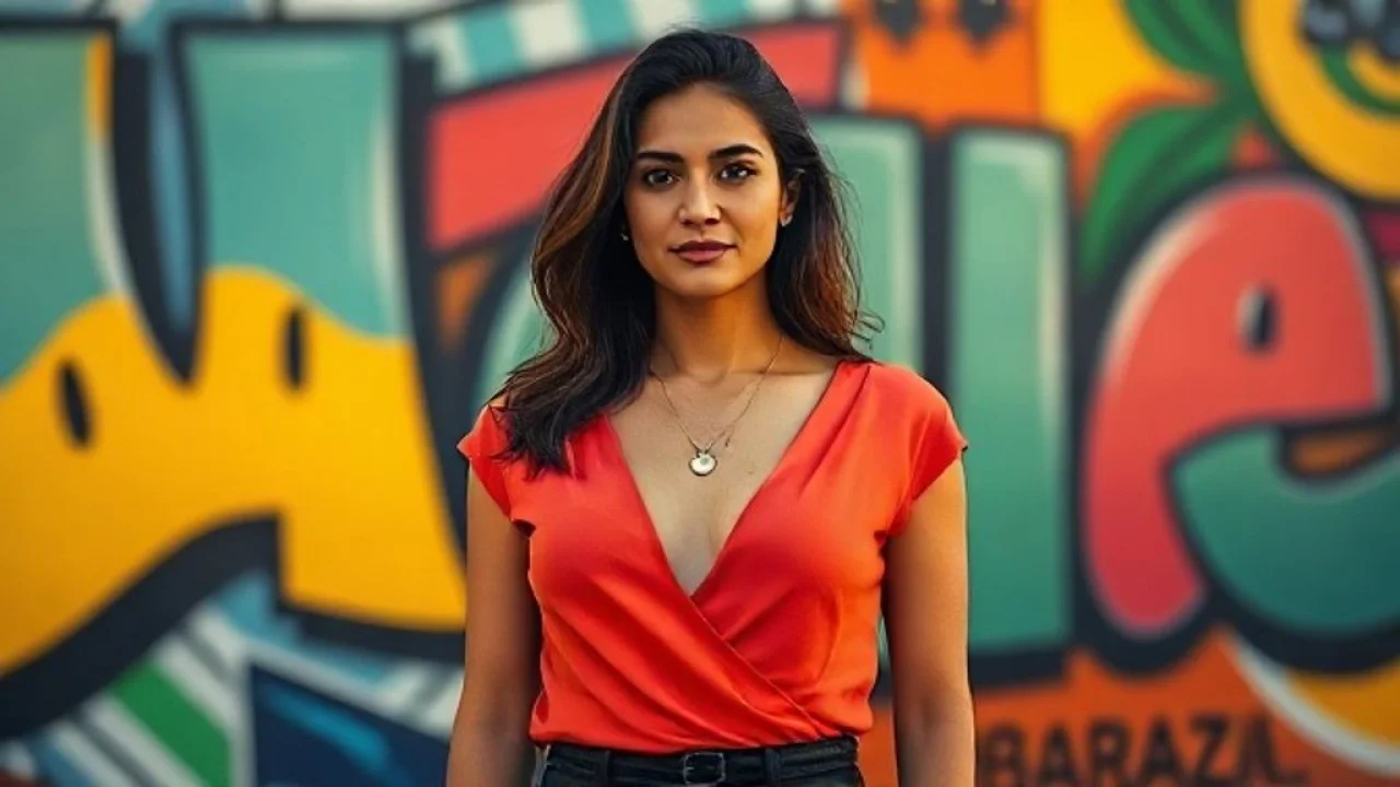 Mulher com blusa decote V em frente a grafite em São Paulo. Estilo e confiança.