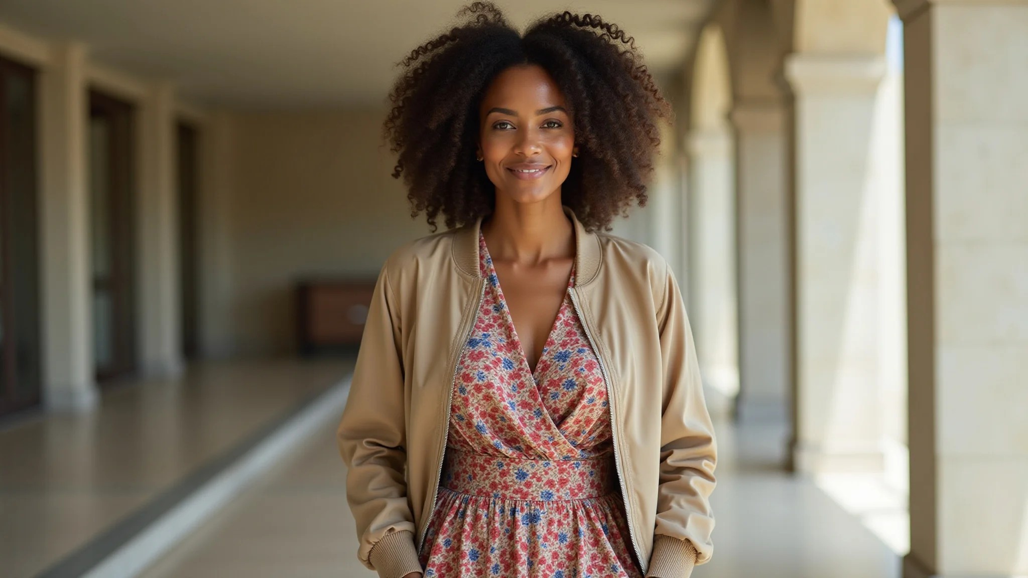 Mulher brasileira usando vestido floral e jaqueta bomber bege.