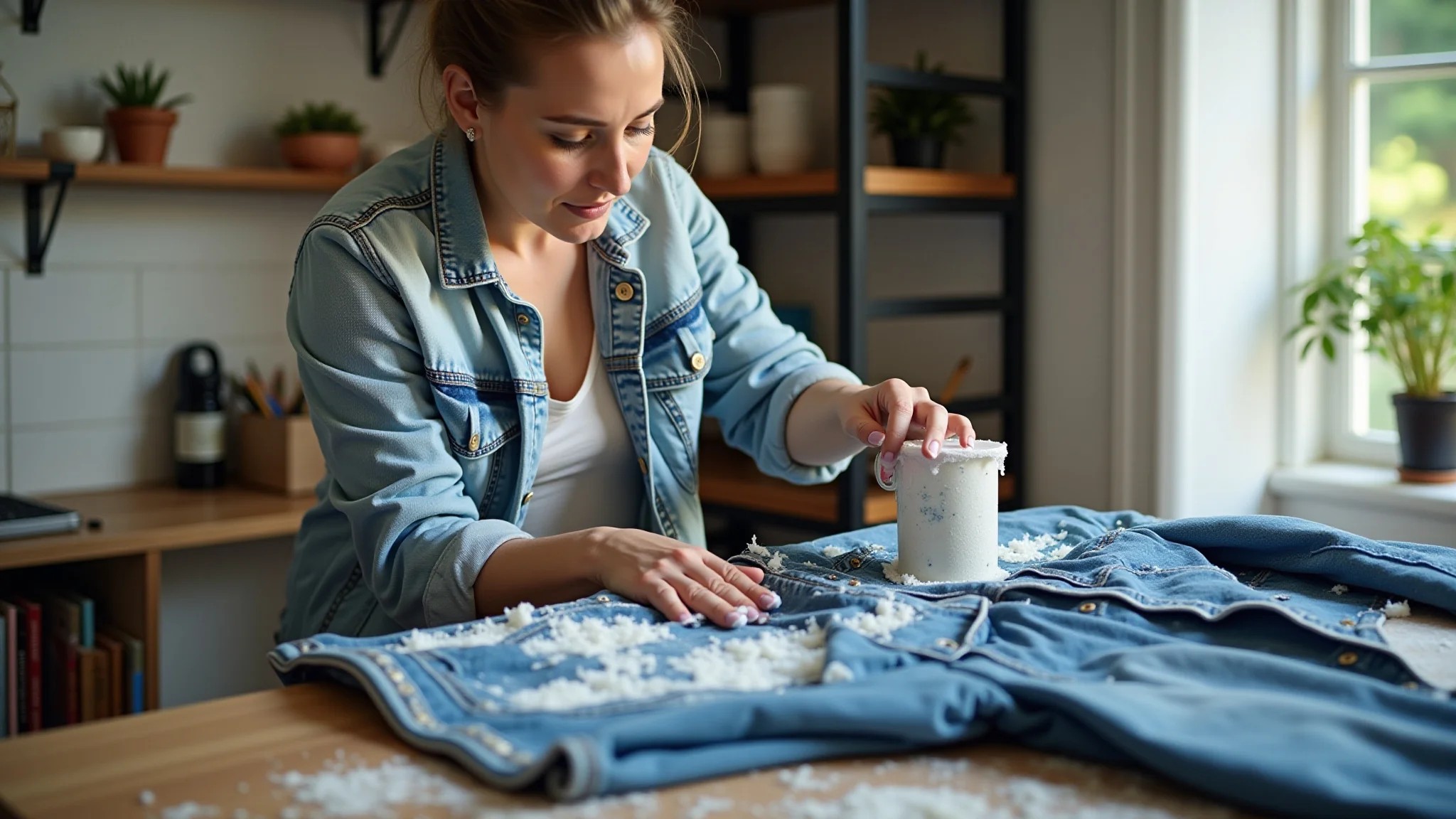 Mulher customizando jaqueta jeans com descoloração, criando padrões únicos.