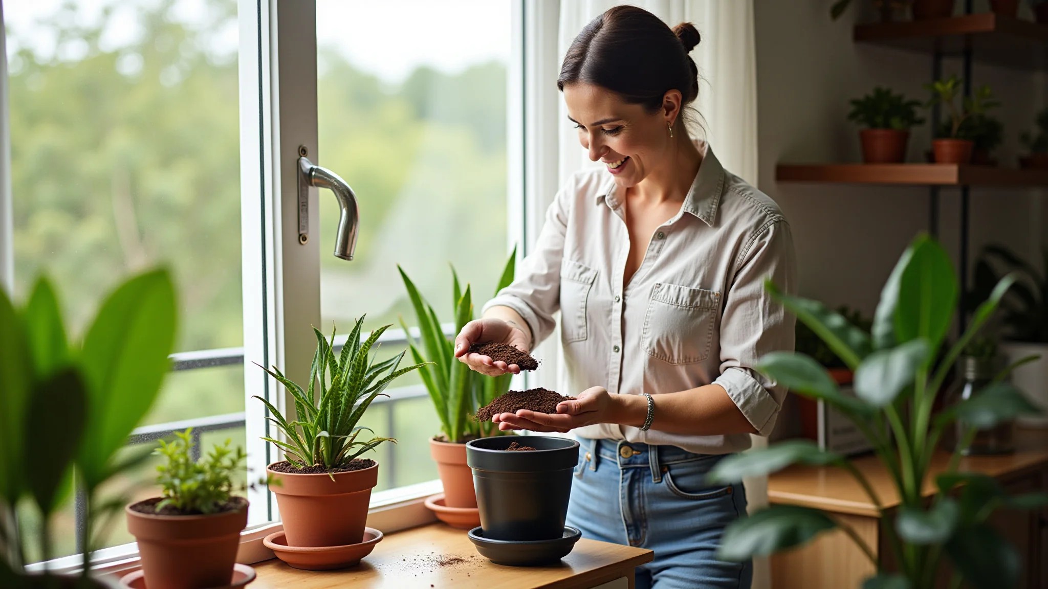 Mulher aplicando borra de café como adubo em vasos de plantas na varanda.