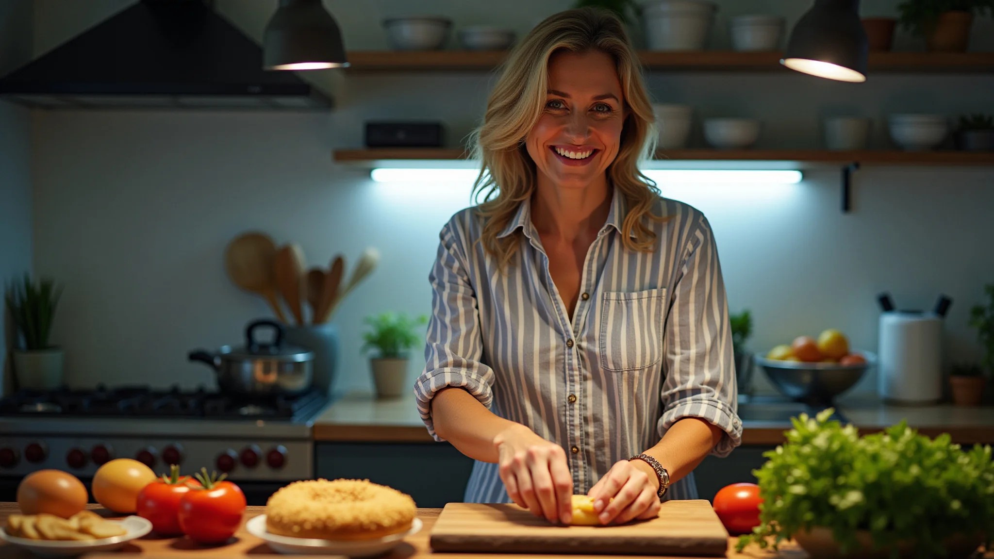 Mulher na cozinha bem iluminada com LED, sorrindo, estilo brasileiro.