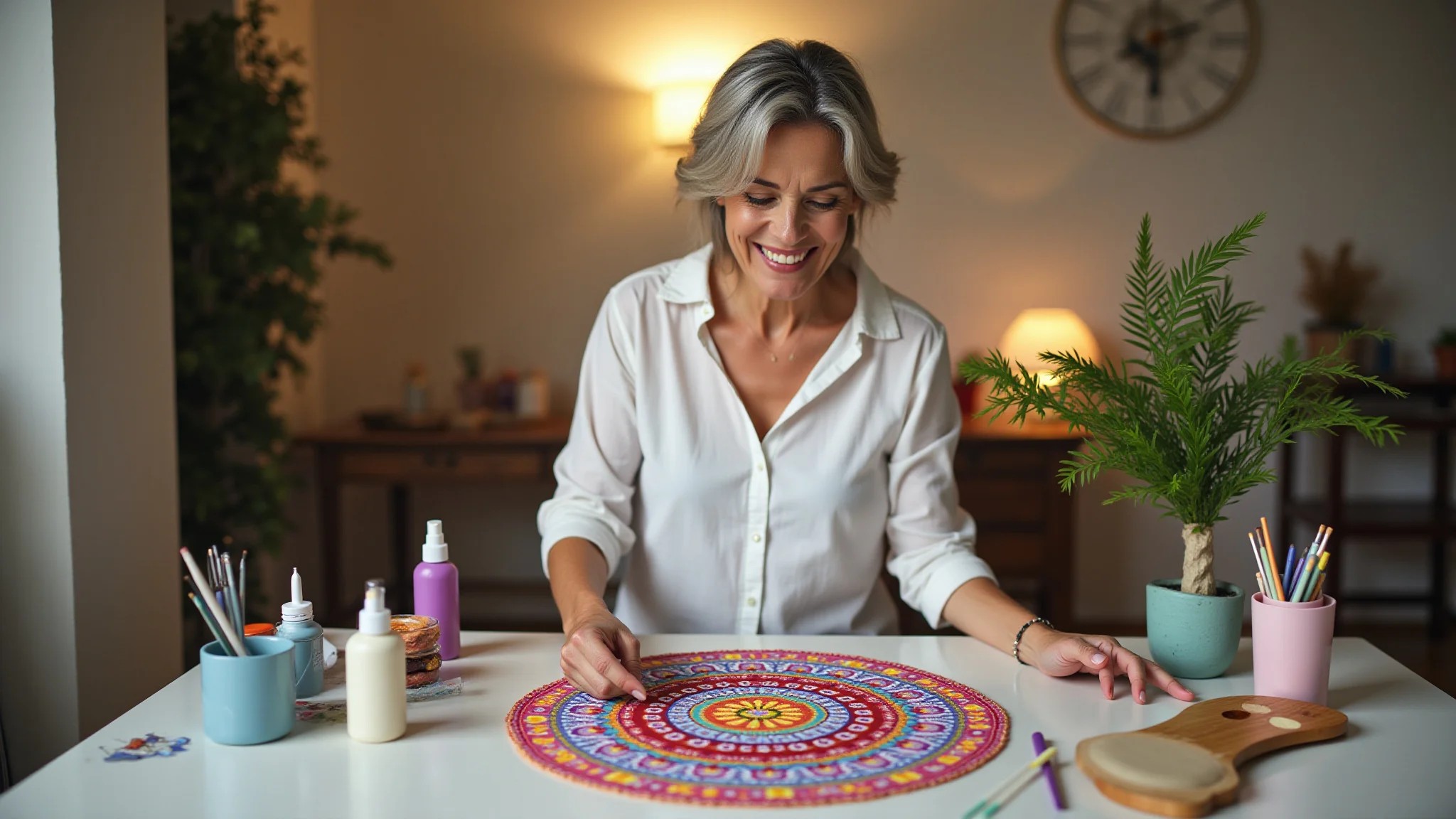 Mulher criando uma mandala em casa, materiais de arte na mesa, decoração brasileira.