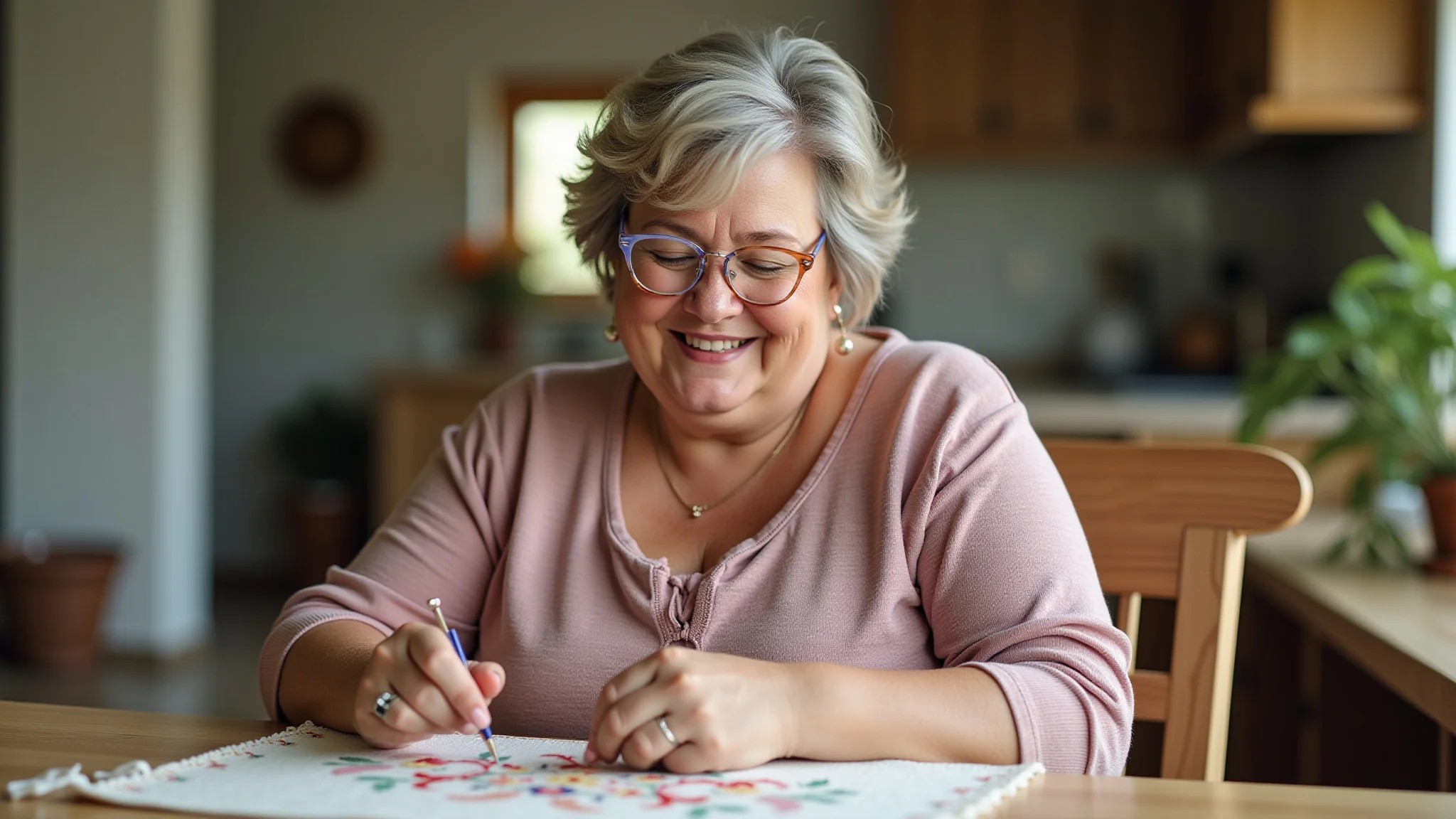 Mulher sorrindo, bordando ponto cruz em um bastidor com estampa floral.