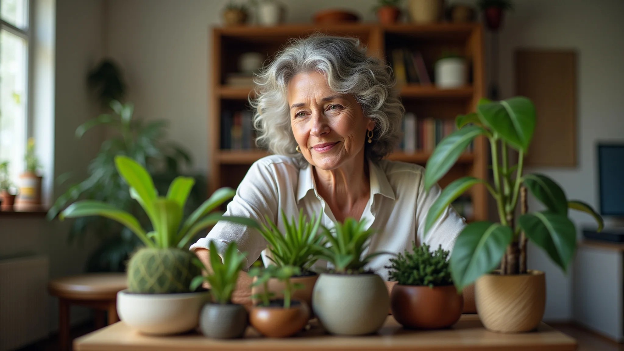 Mulher de 50 anos admirando coleção de kokedamas em apartamento brasileiro aconchegante.