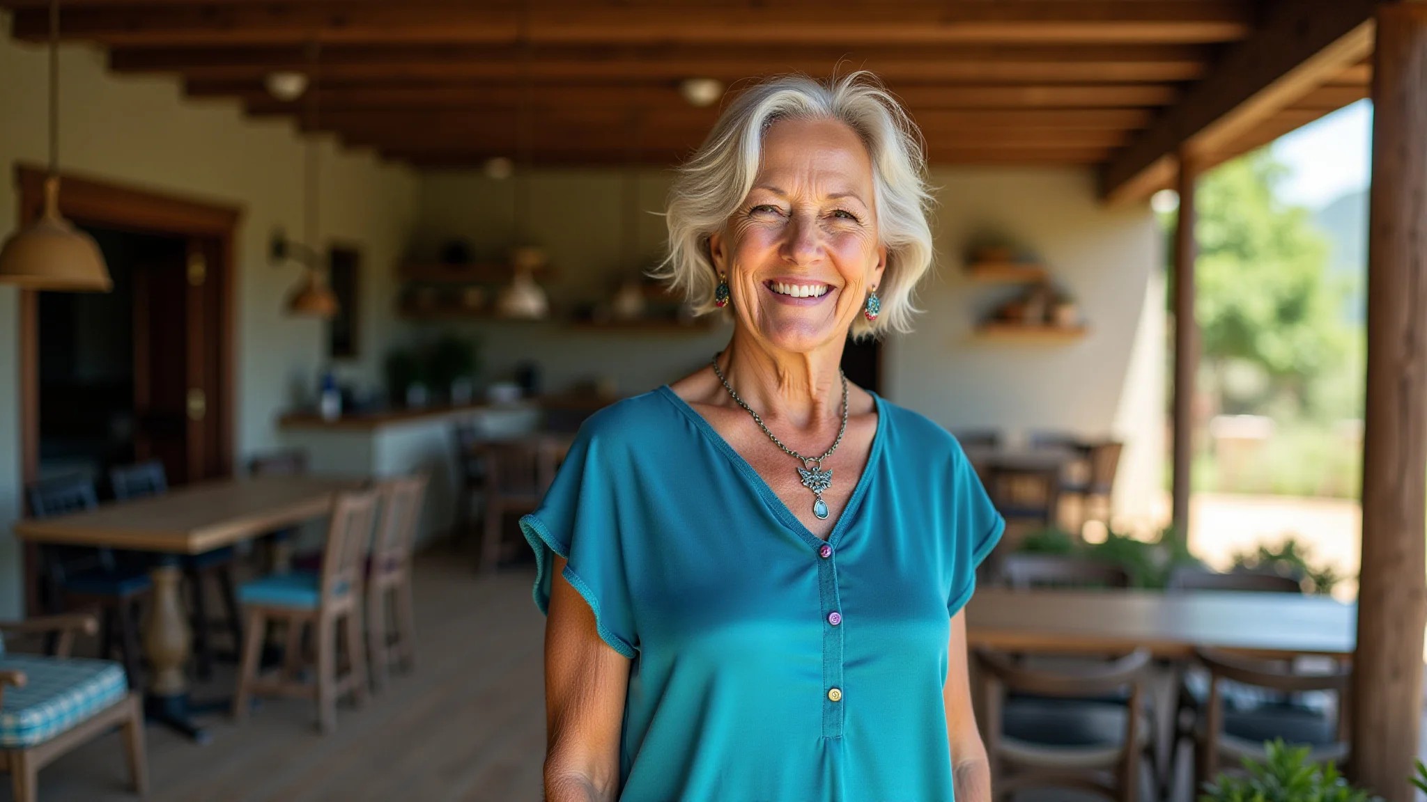 Mulher de 50 anos usando vestido azul vibrante recém tingido, decoração estilo Farm Rio.