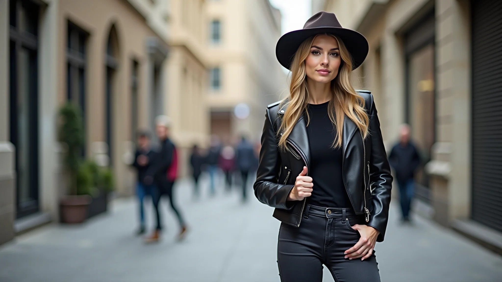 Mulher com jaqueta de couro, jeans skinny, fedora e botas em cenário urbano.