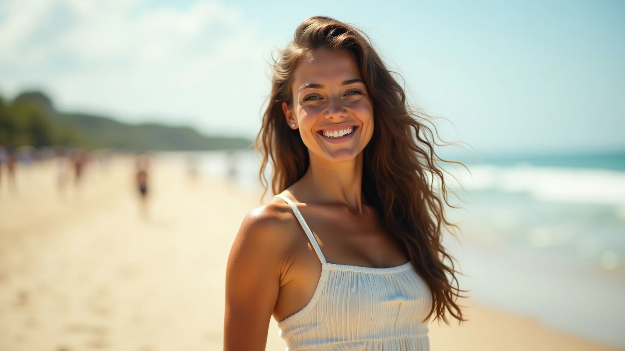 Mulher sorrindo em vestido de algodão leve na praia, dia ensolarado.