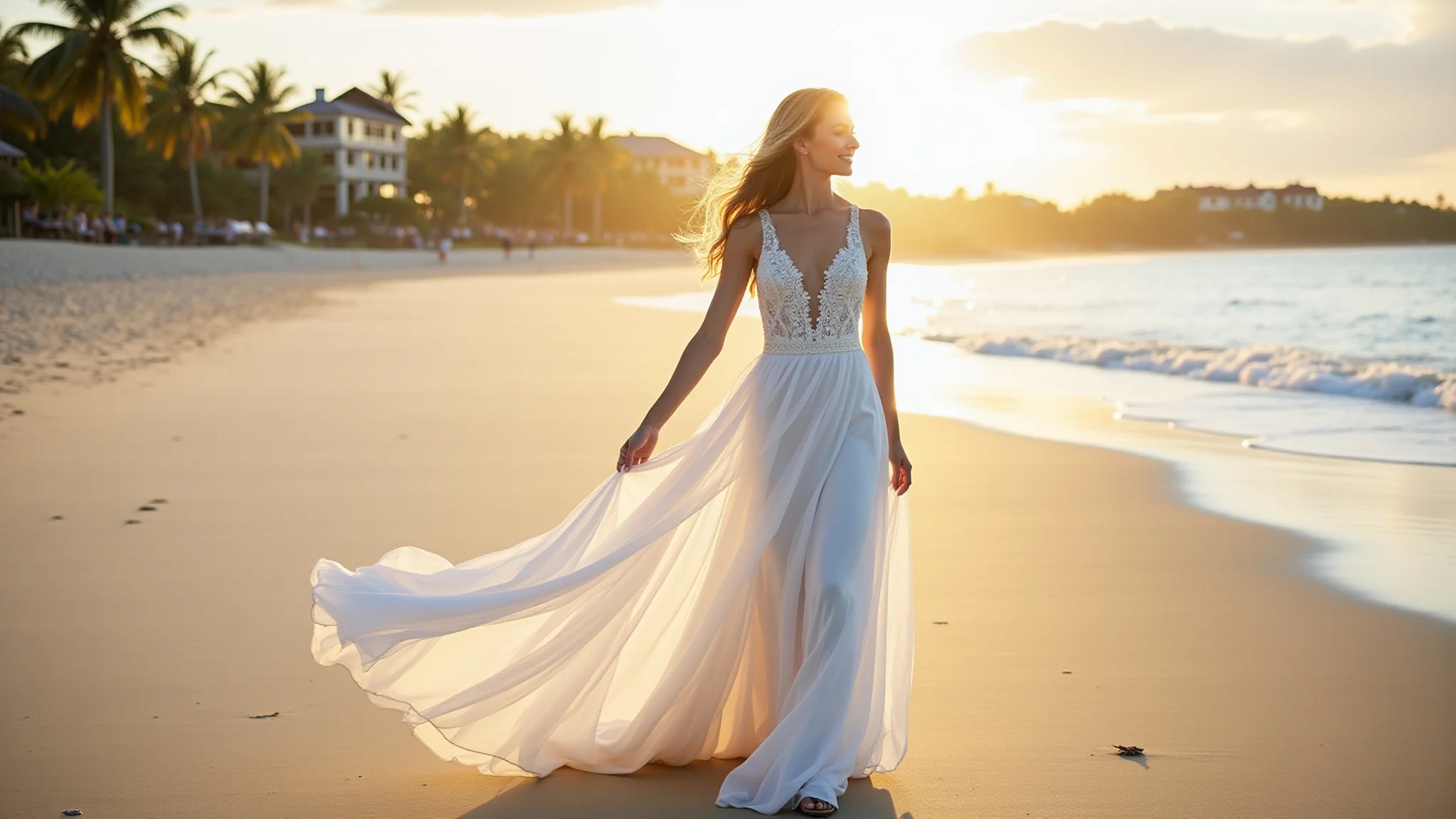 Mulher em vestido longo e fluído em casamento na praia, cenário tropical.