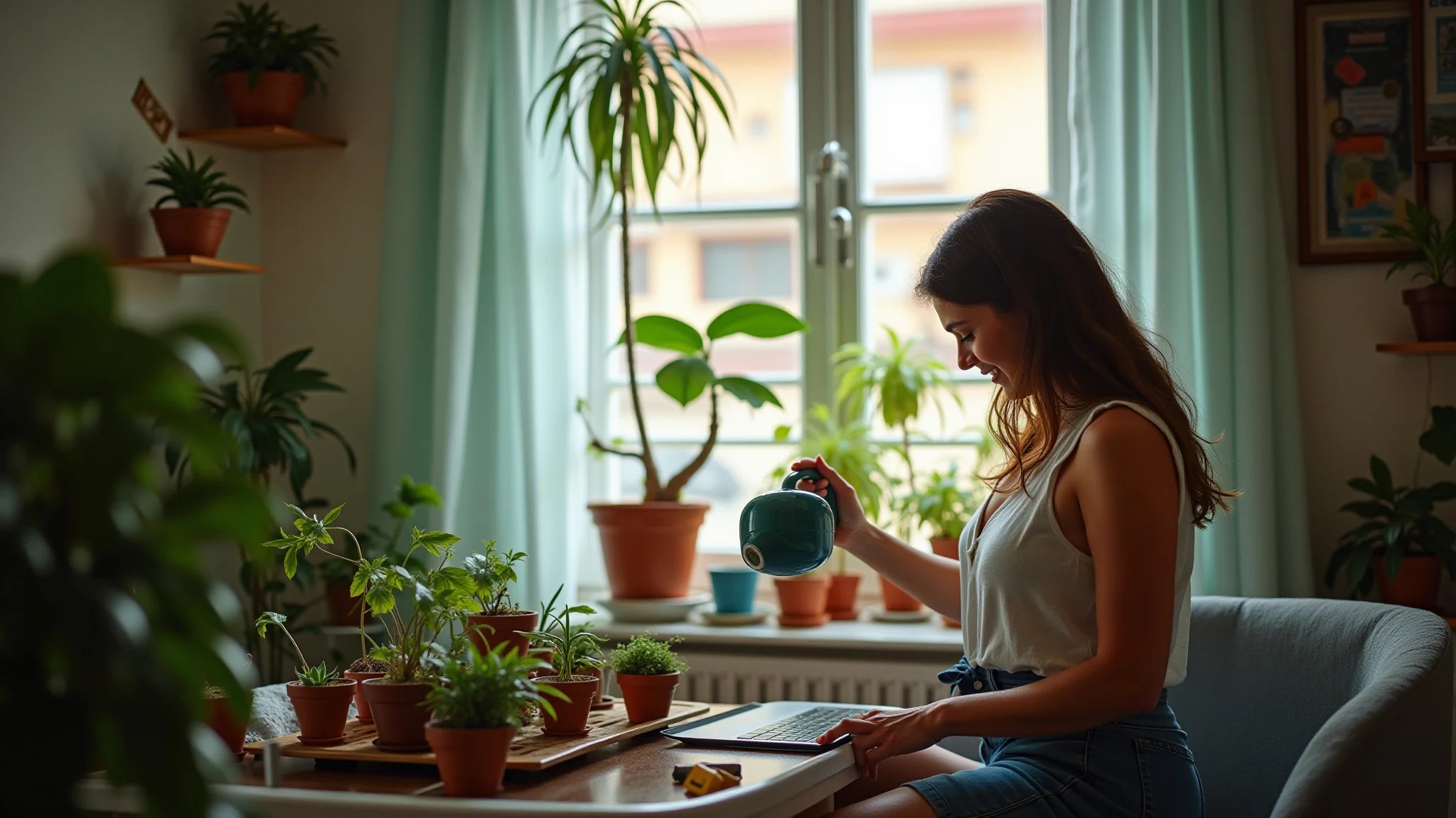 Mulher cuidando de plantas em microapartamento iluminado com luz natural.