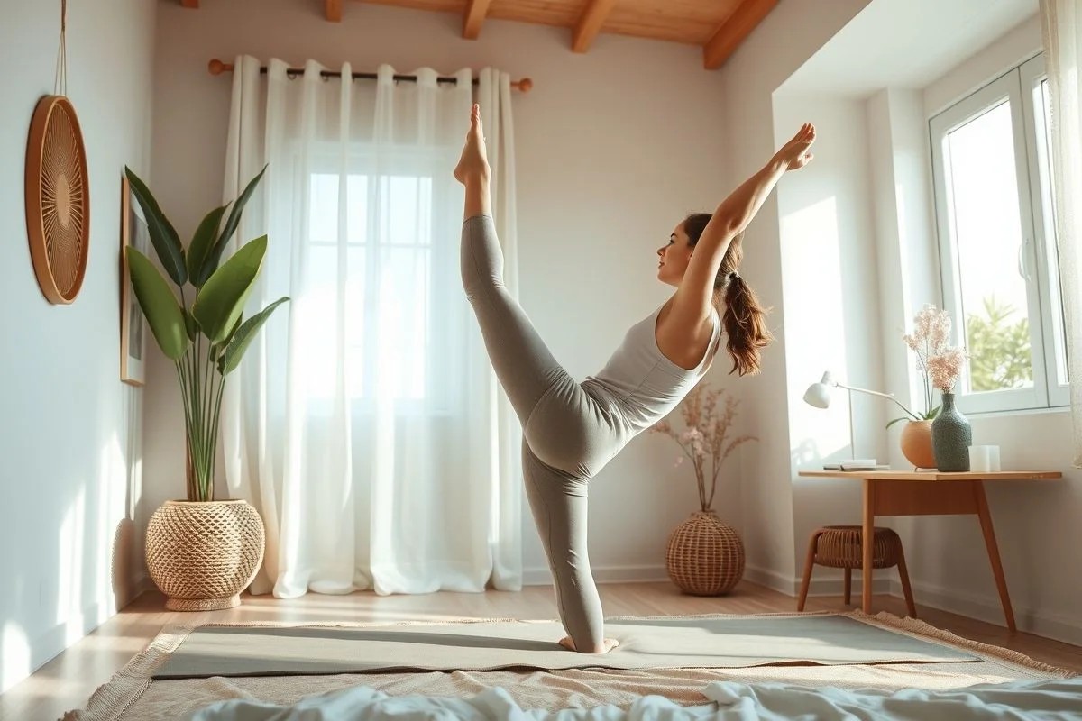 Mulher praticando yoga restaurativa em quarto calmo.