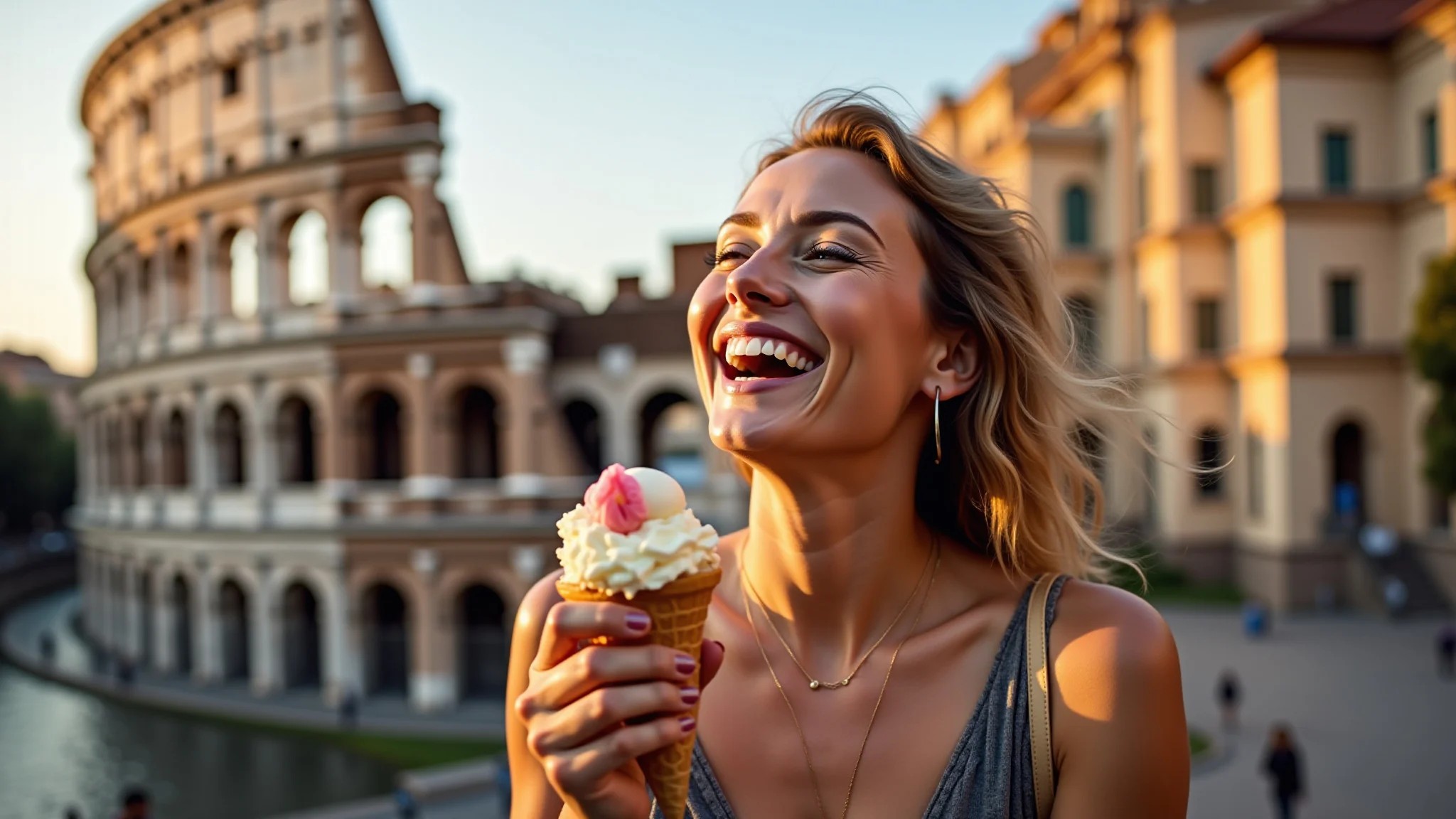 Mulher feliz em Roma saboreando gelato com o Coliseu ao fundo, vivendo 'La Dolce Vita'.