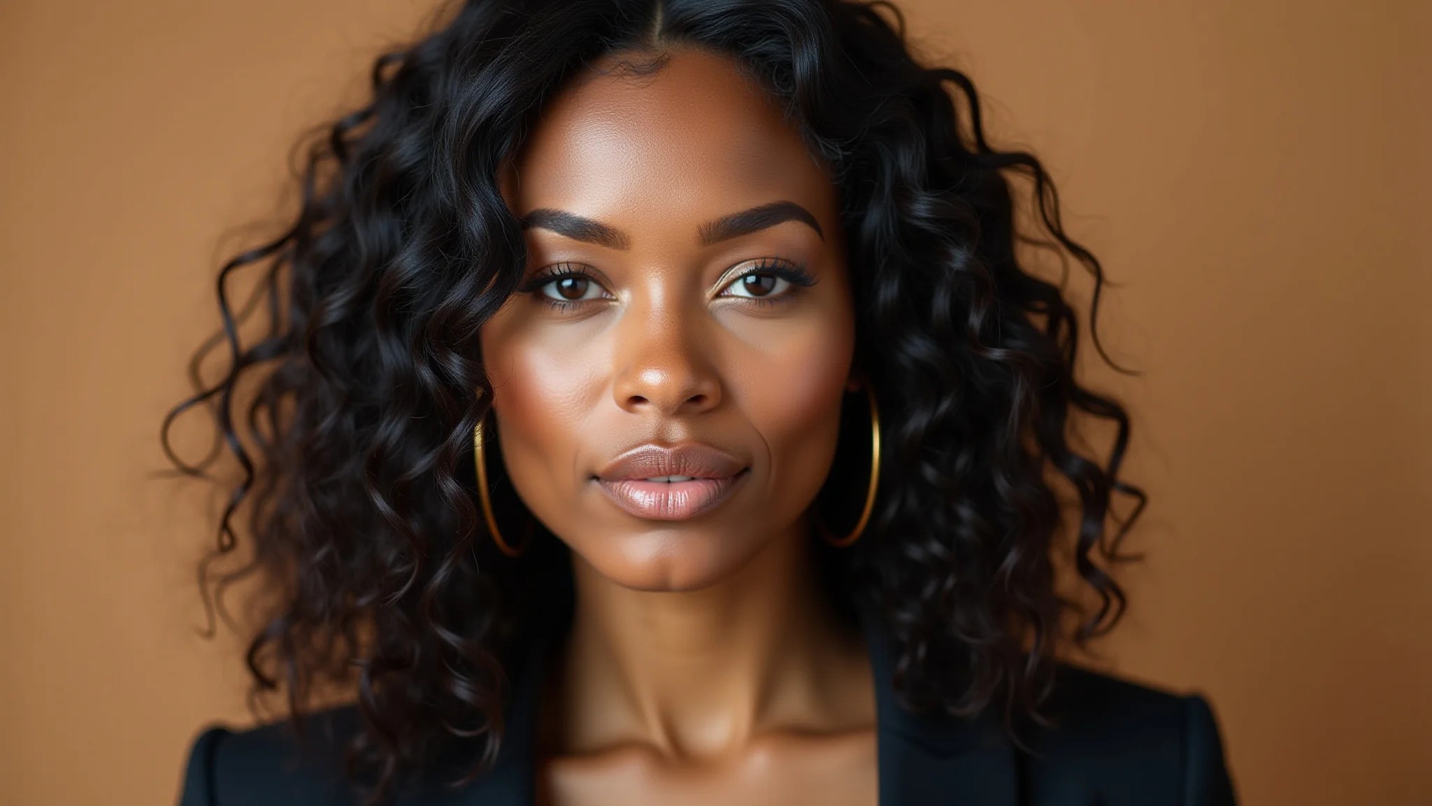 Mulher com look all black elegante, representando a diversidade brasileira.