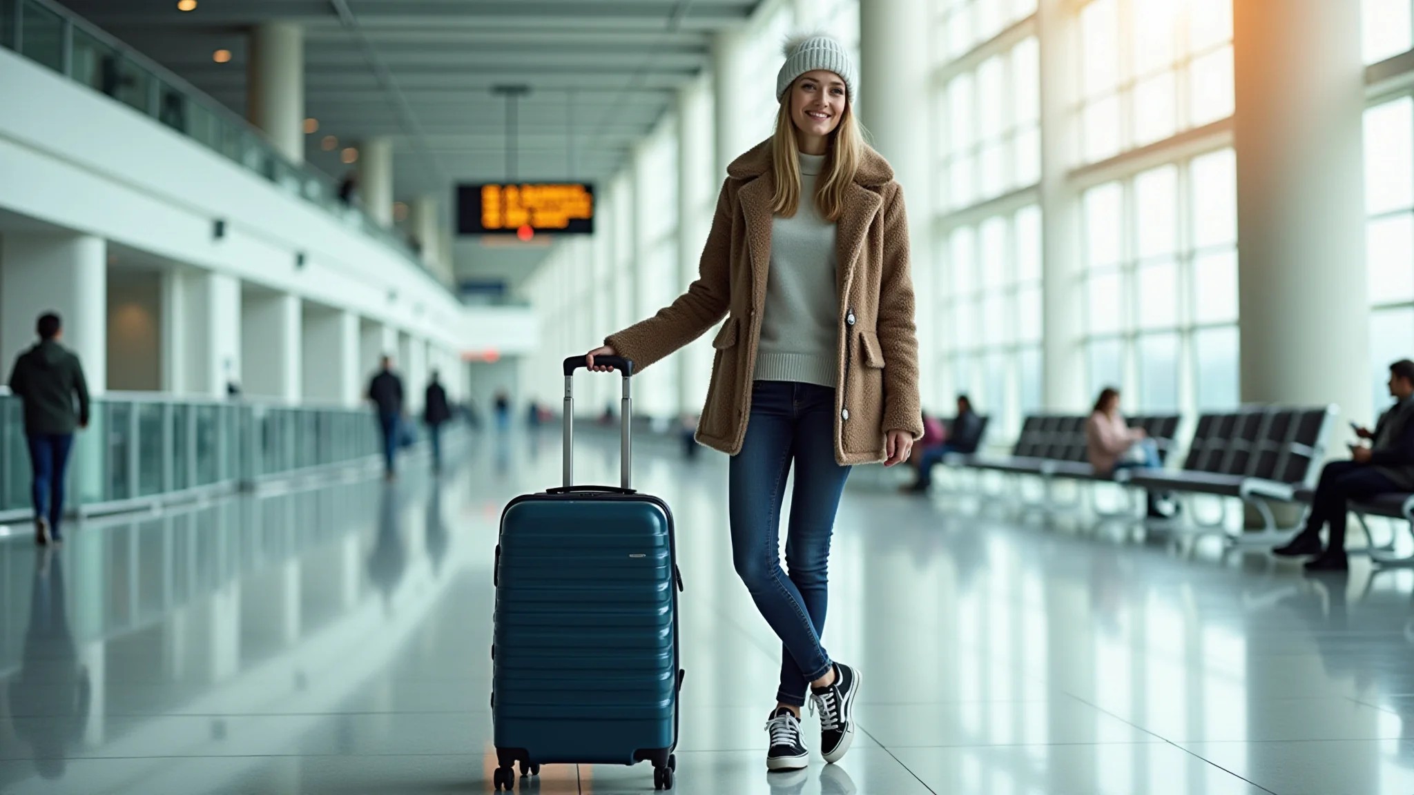 Mulher com tênis confortável e mala em aeroporto, vestindo roupa de inverno.