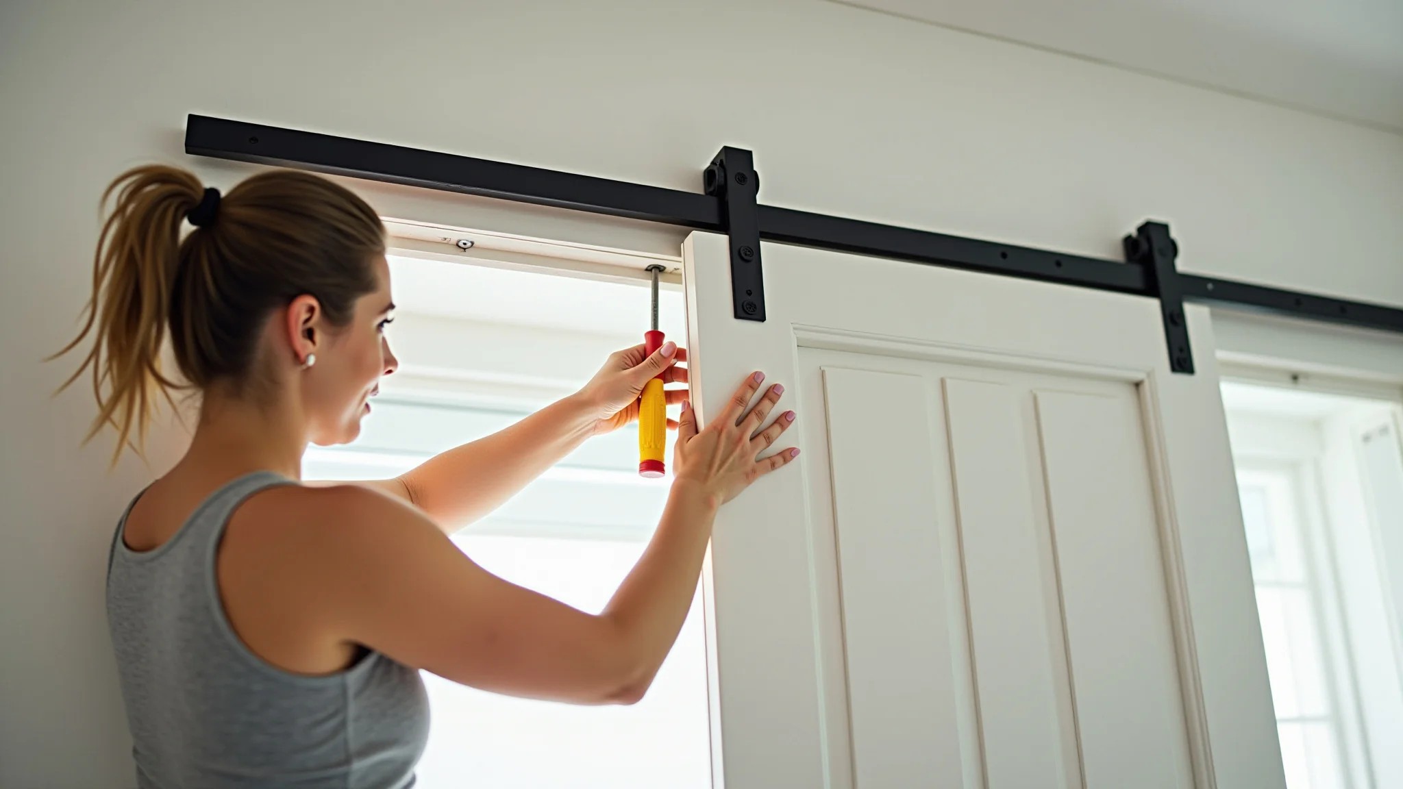 Mulher instalando trilho de porta de correr em casa, foco nas mãos e ferramentas.