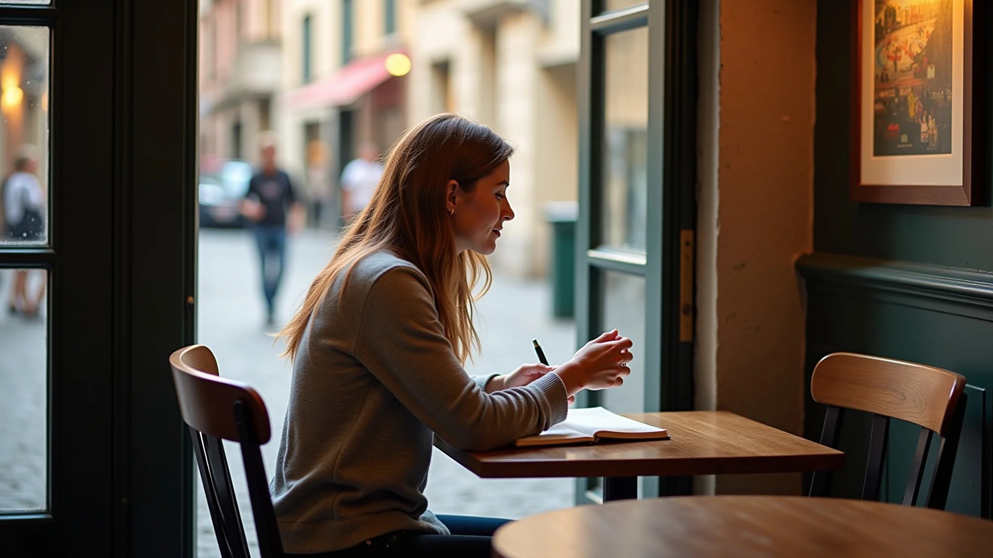 Mulher escrevendo em um café europeu aconchegante, representando reflexão durante um ano sabático.