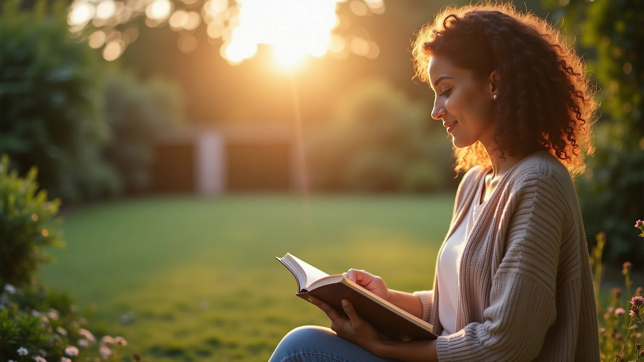 Mulher escrevendo em um diário em um jardim tranquilo com luz dourada suave.