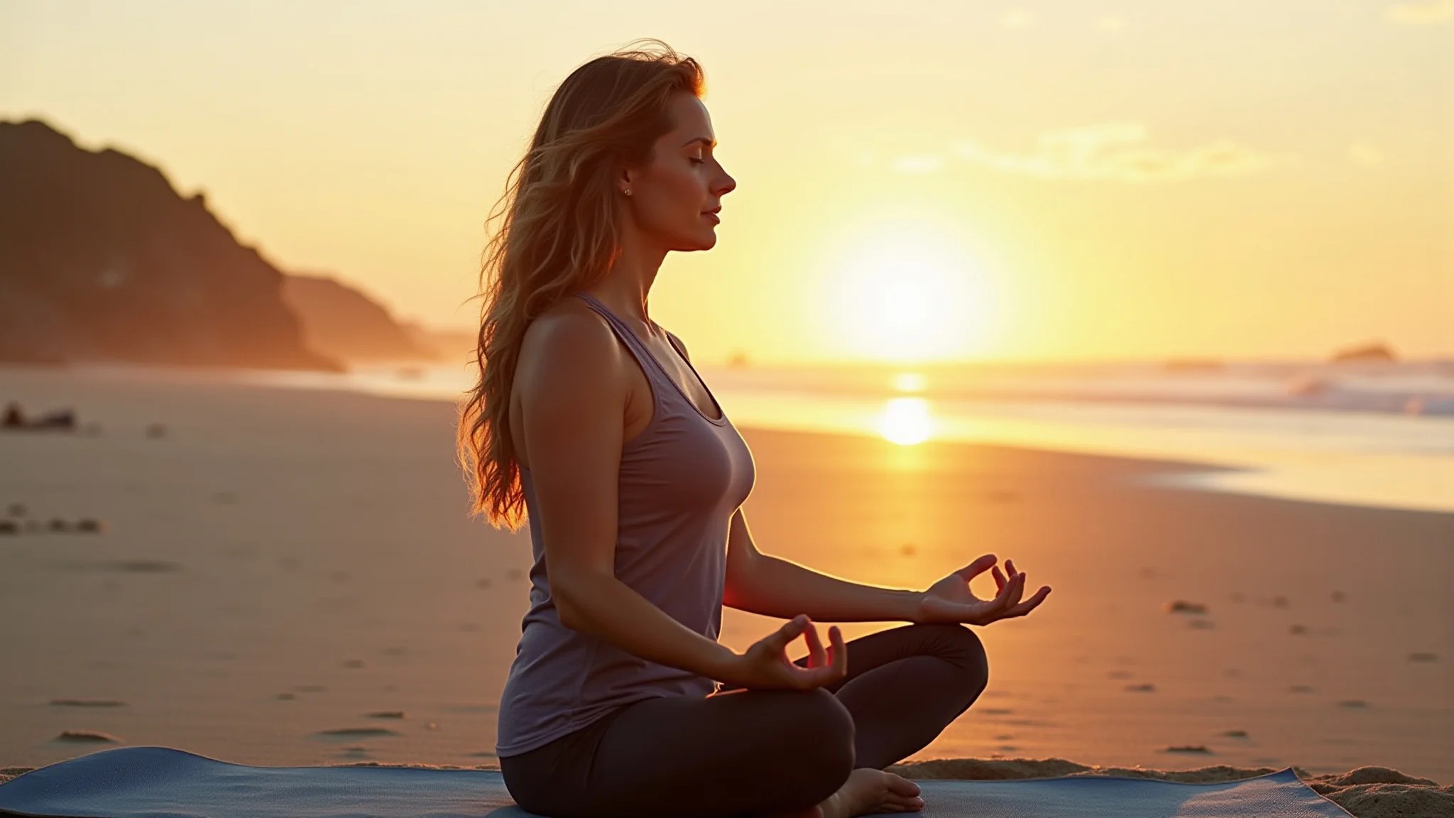 Mulher meditando ao nascer do sol na Praia do Rosa, Santa Catarina, em busca de paz interior.