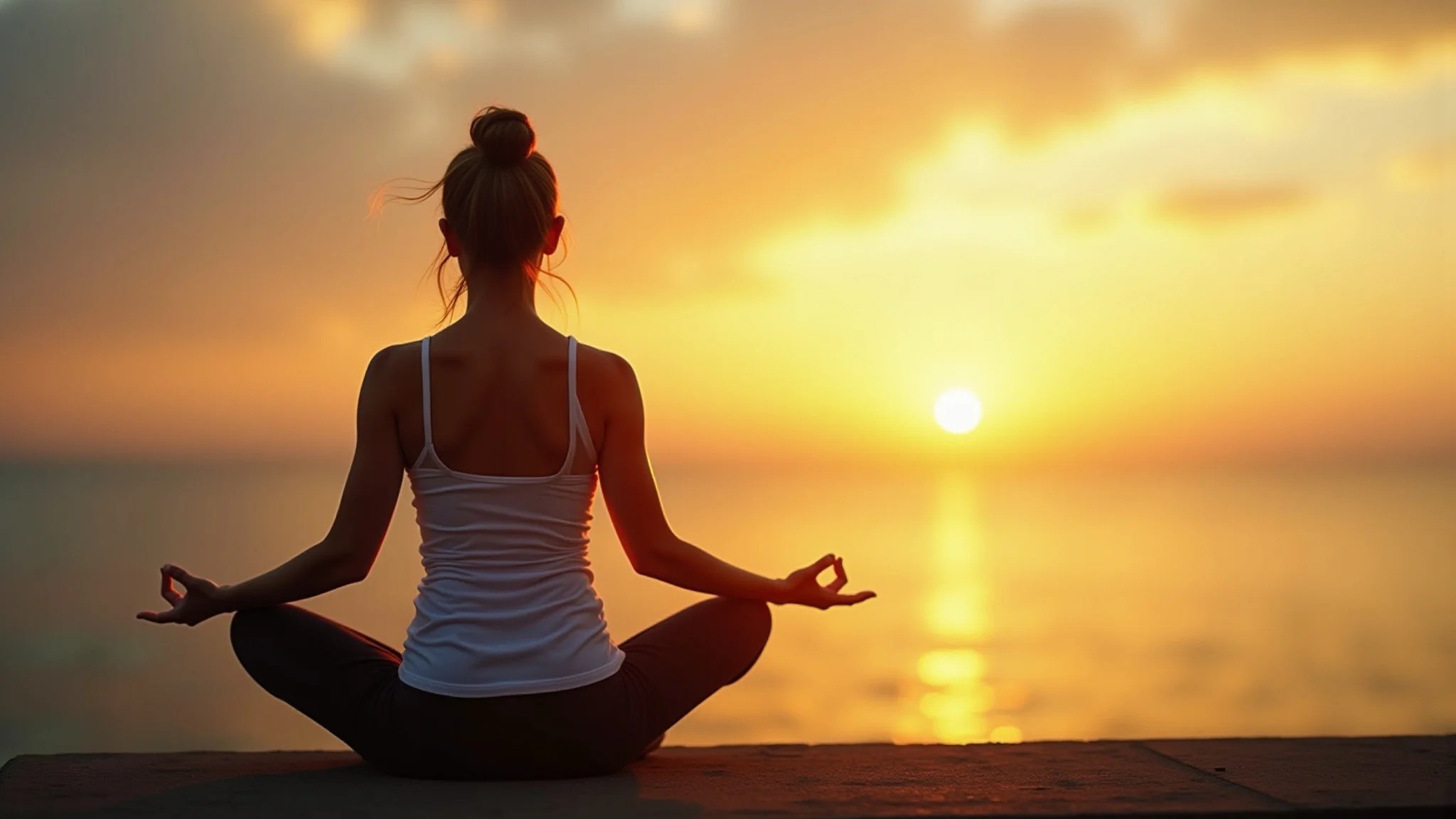 Mulher meditando e visualizando o sucesso, com luz dourada e cores vibrantes.