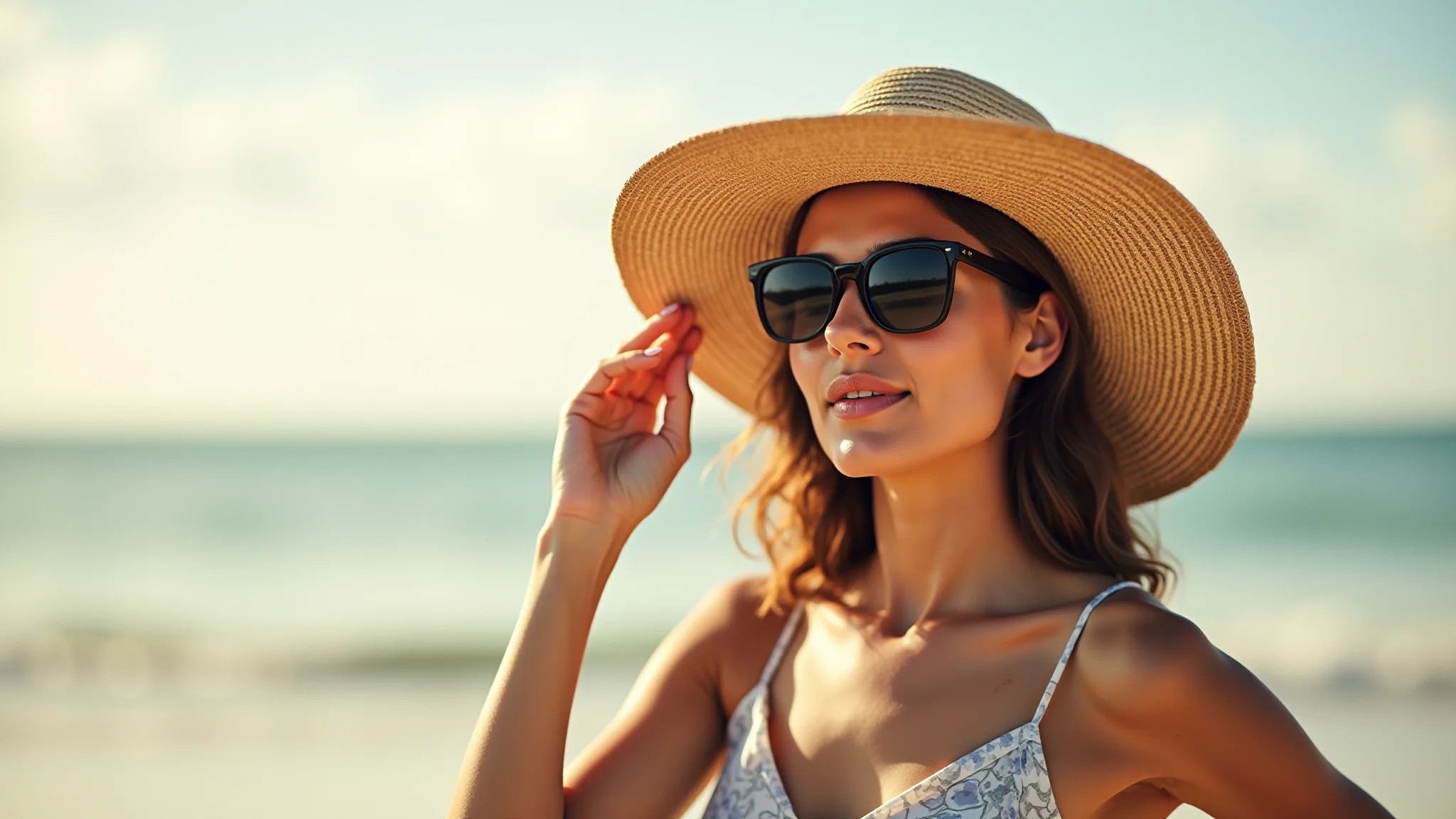 Mulher na praia com chapéu de aba larga protegendo o rosto e óculos de sol estilosos.