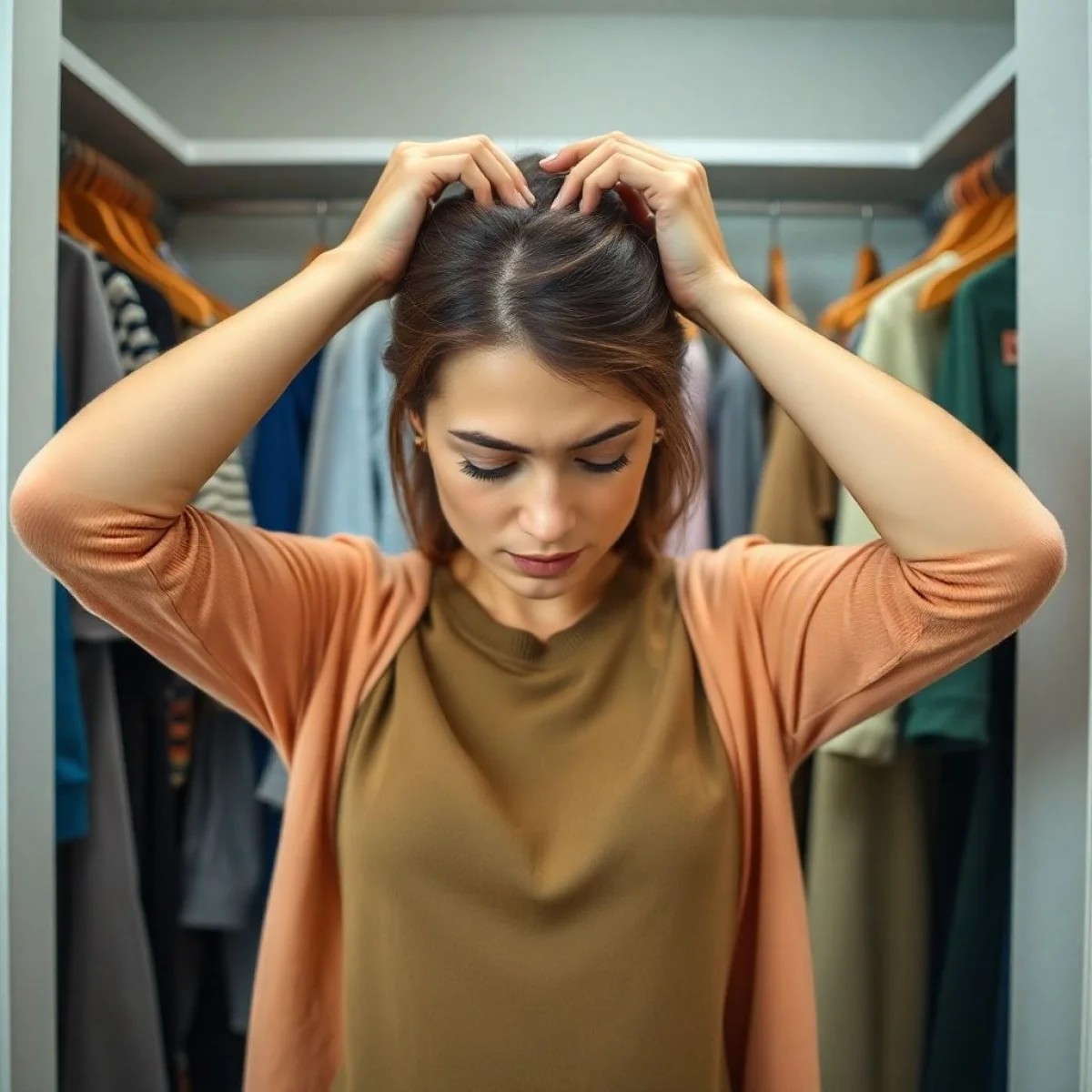 Mulher frustrada com excesso de roupas no armário, refletindo sobre compras por impulso.