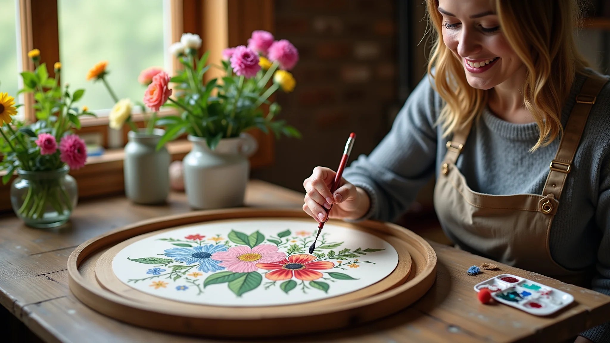 Mulher pintando Bauernmalerei em bandeja de madeira com flores coloridas.