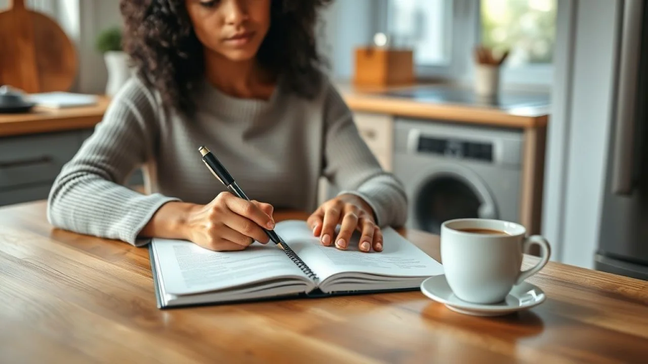 Mulher brasileira planejando a limpeza da casa com caderno, caneta e café.