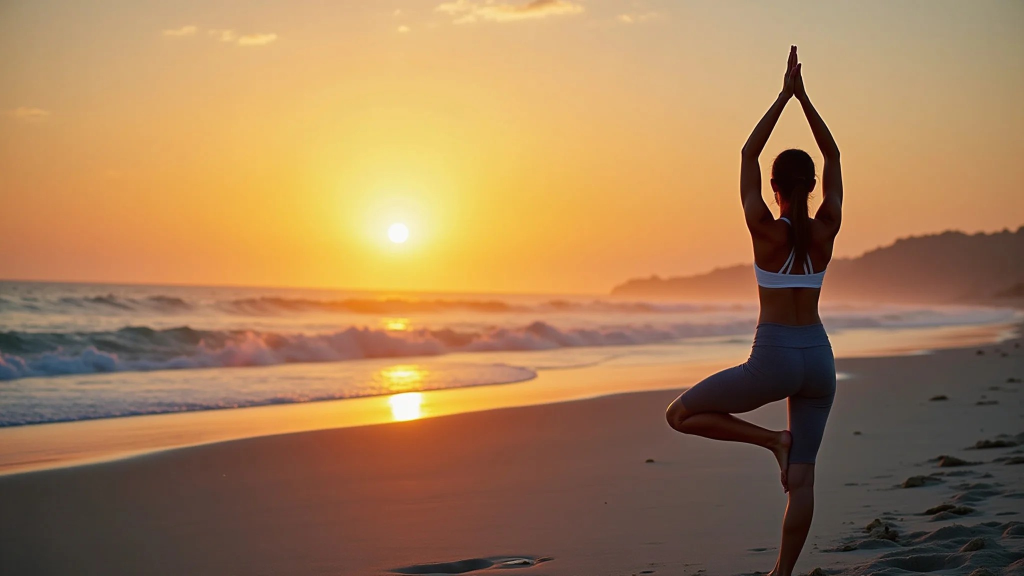Mulher praticando yoga ao nascer do sol em praia brasileira, atmosfera serena, estilo de vida saudável.