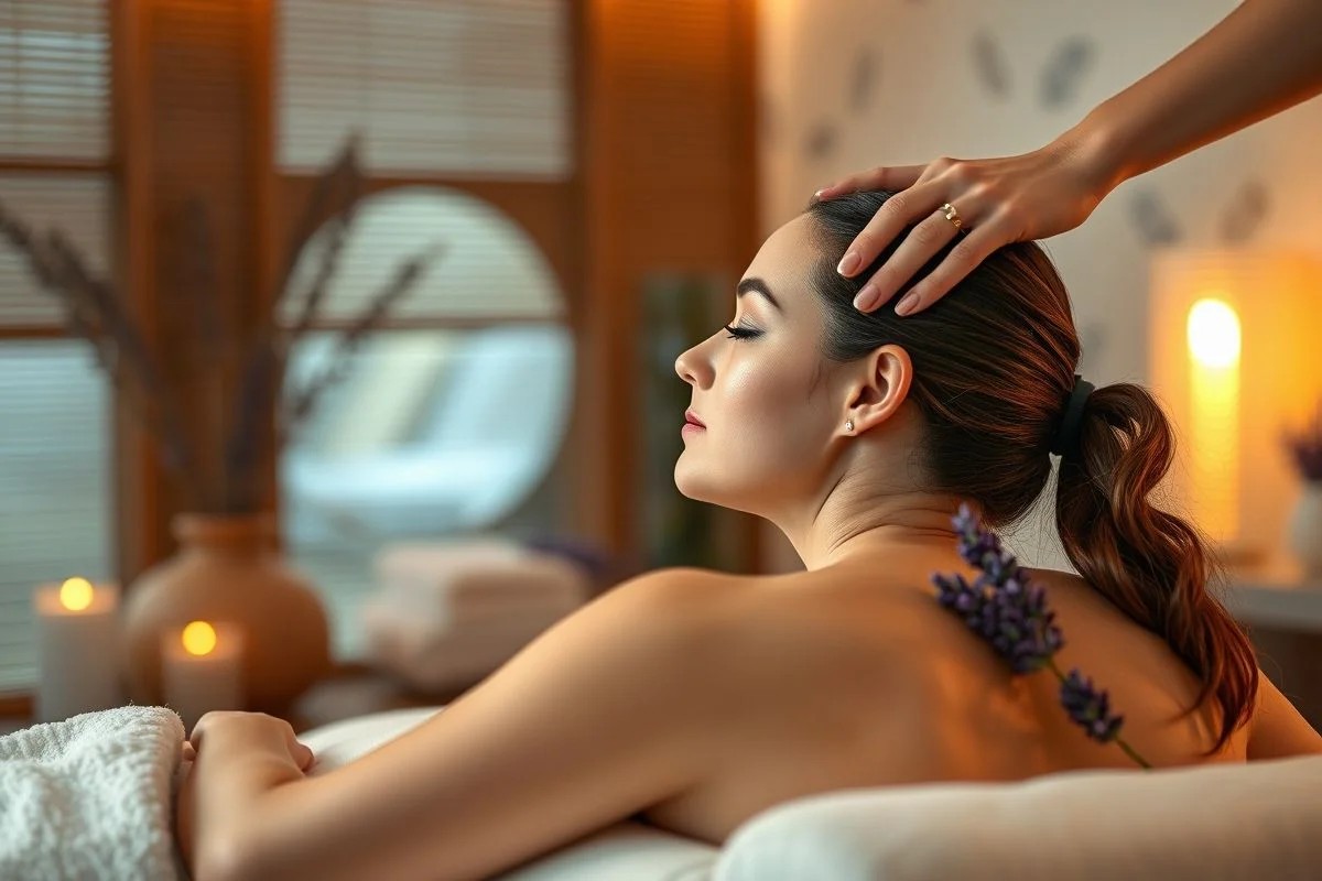 Mulher recebendo massagem relaxante com óleo de lavanda.
