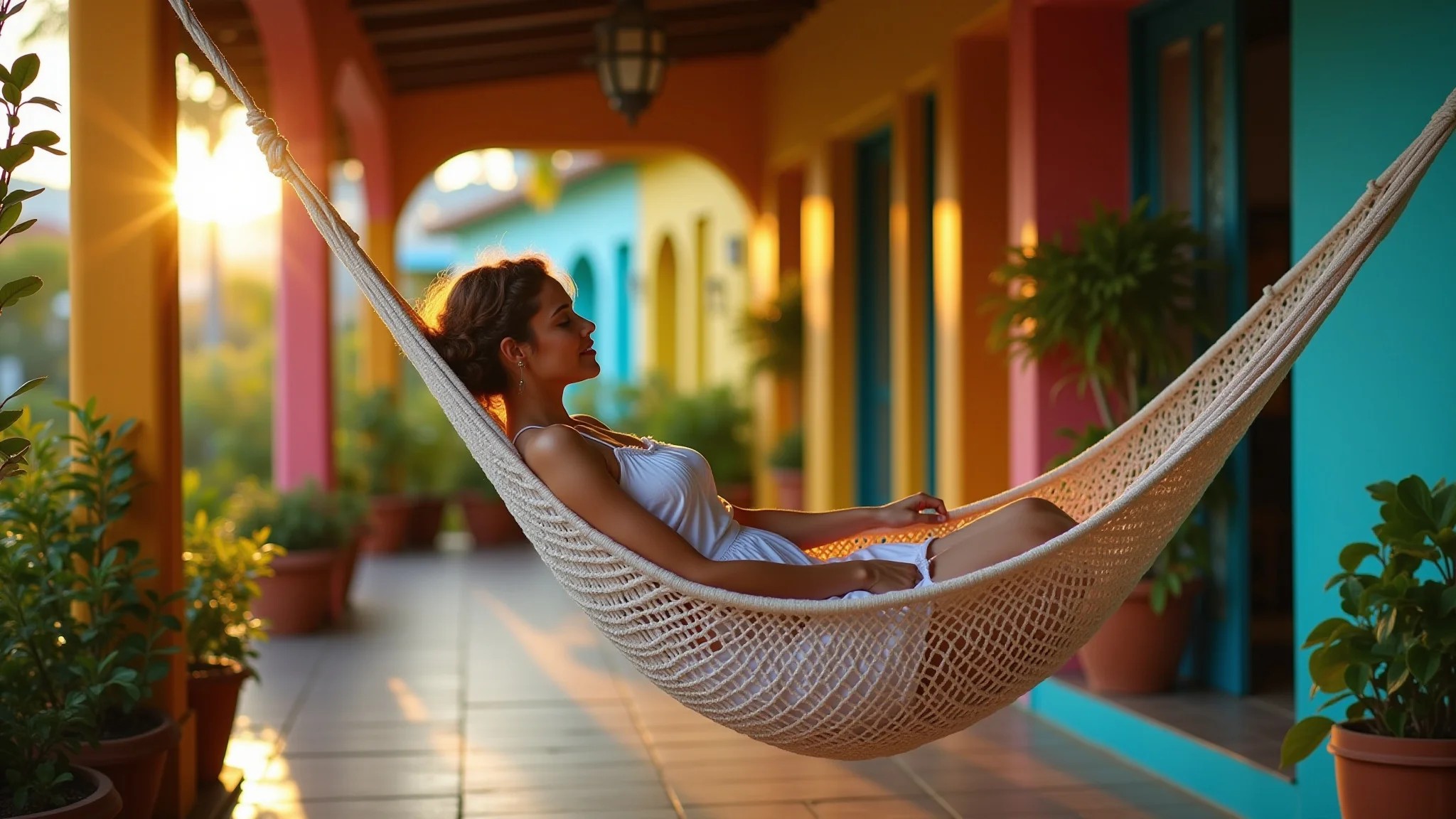 Mulher relaxando em rede em varanda colorida estilo brasileiro, cercada por plantas, curtindo momento de paz.