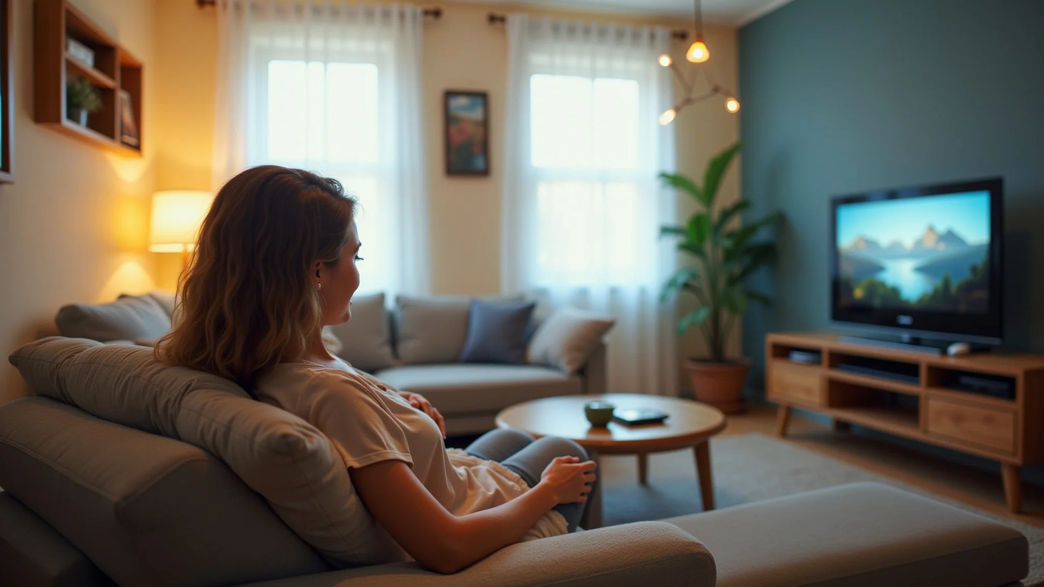Mulher relaxando na sala, assistindo TV na distância correta.