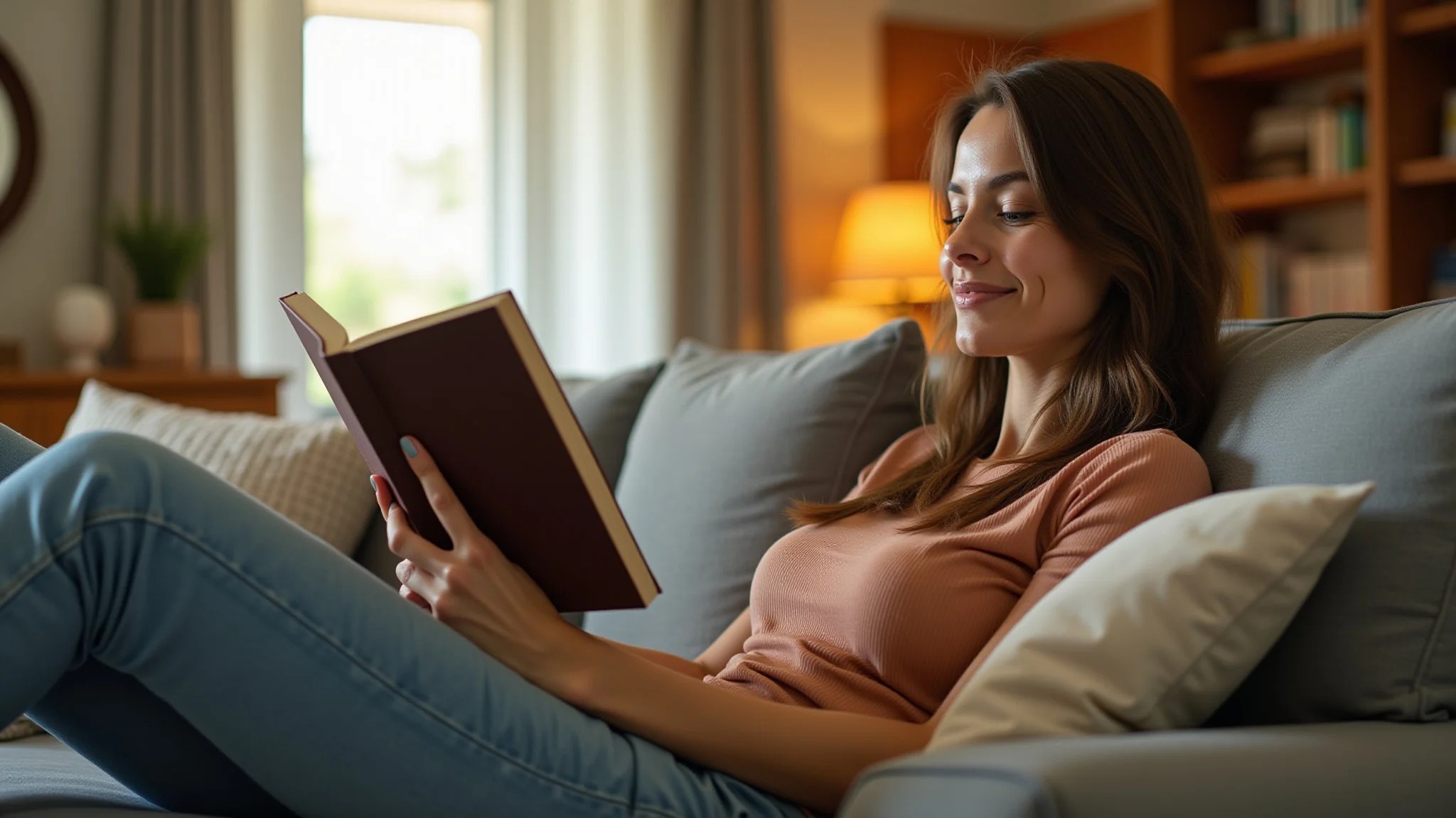 Mulher relaxando em um sofá reclinável, lendo um livro em uma sala aconchegante.