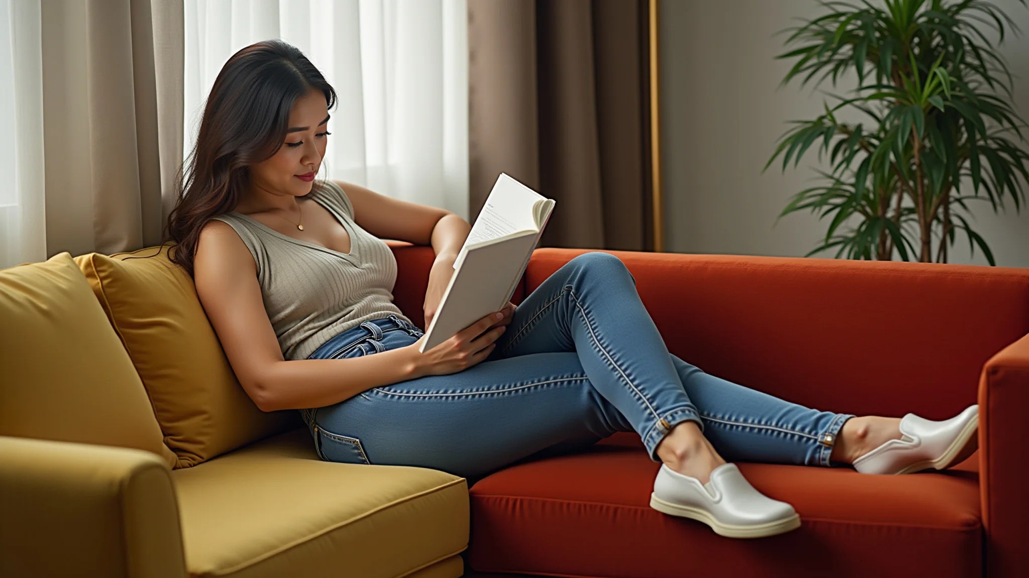 Mulher relaxando em um sofá de veludo estiloso, lendo um livro em sala decorada.