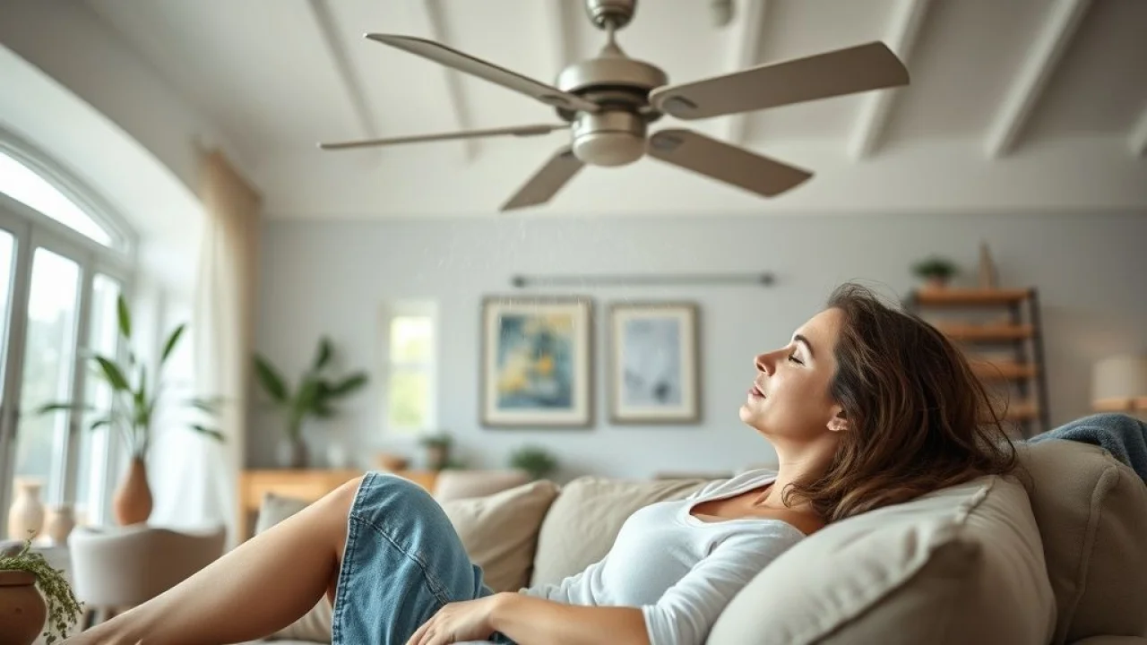 Mulher relaxando no sofá incomodada com ventilador de teto empoeirado.
