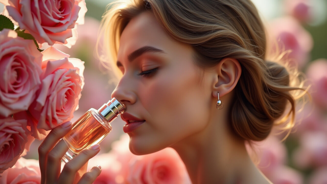 Mulher cheirando Idôle da Lancôme com rosas e jasmim.