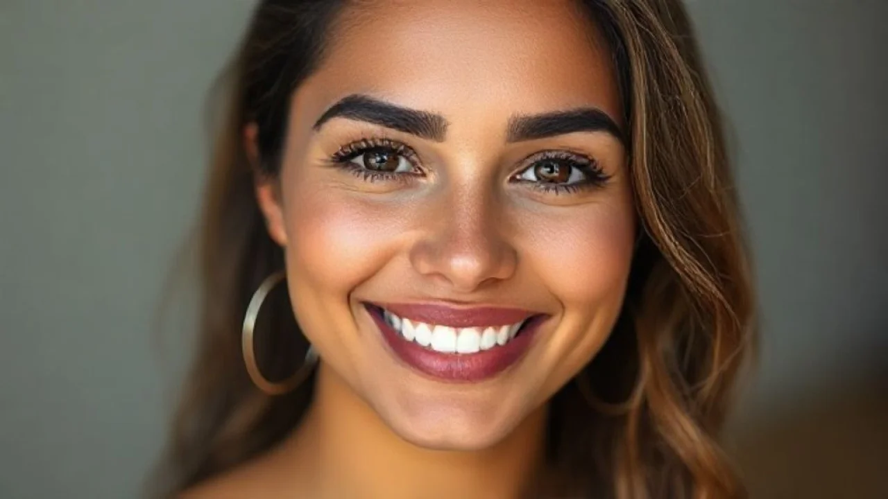 Mulher sorrindo com sobrancelhas perfeitas, transmitindo confiança.