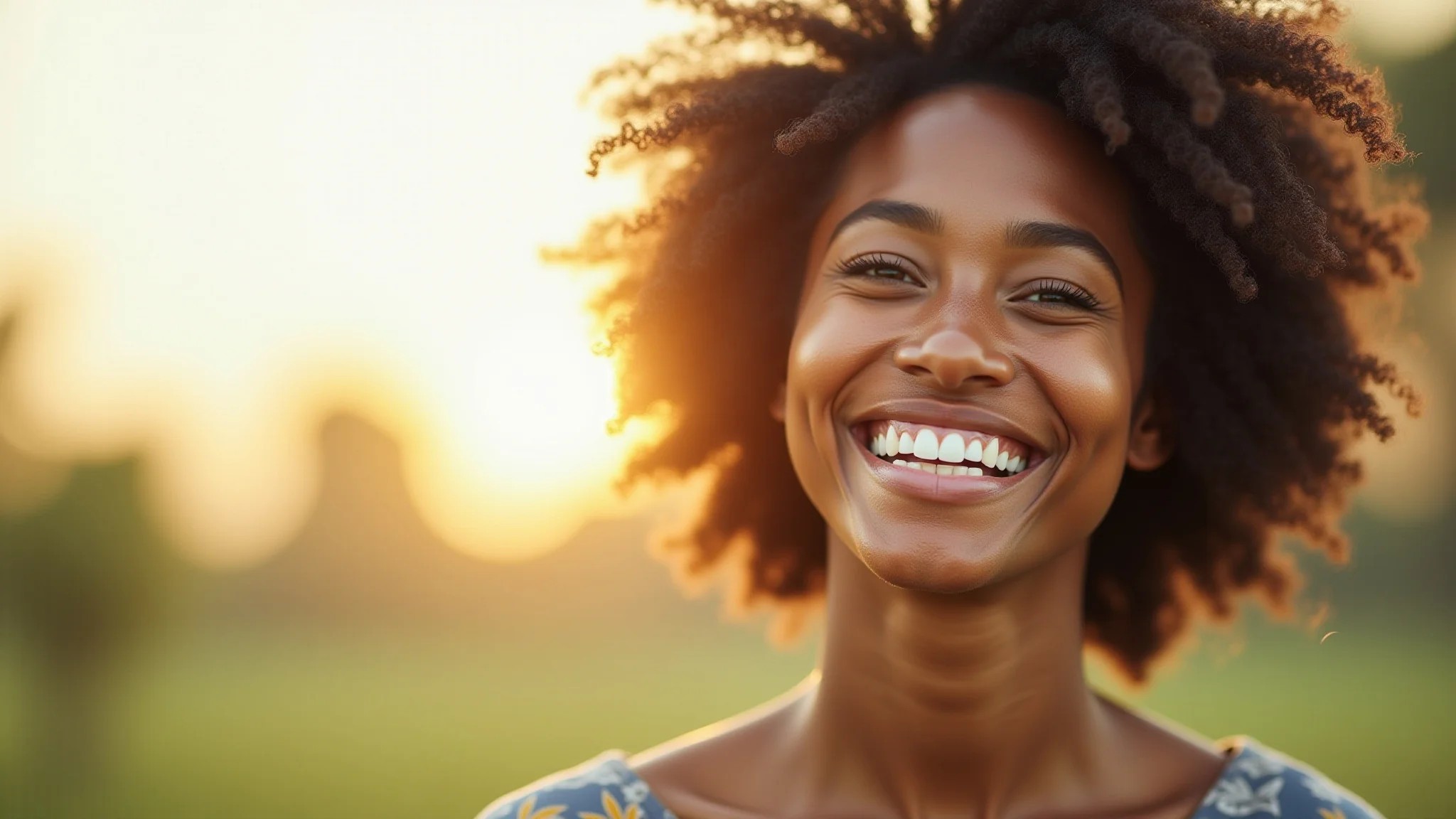 Mulher sorrindo e sentindo gratidão, com luz natural e estilo brasileiro.
