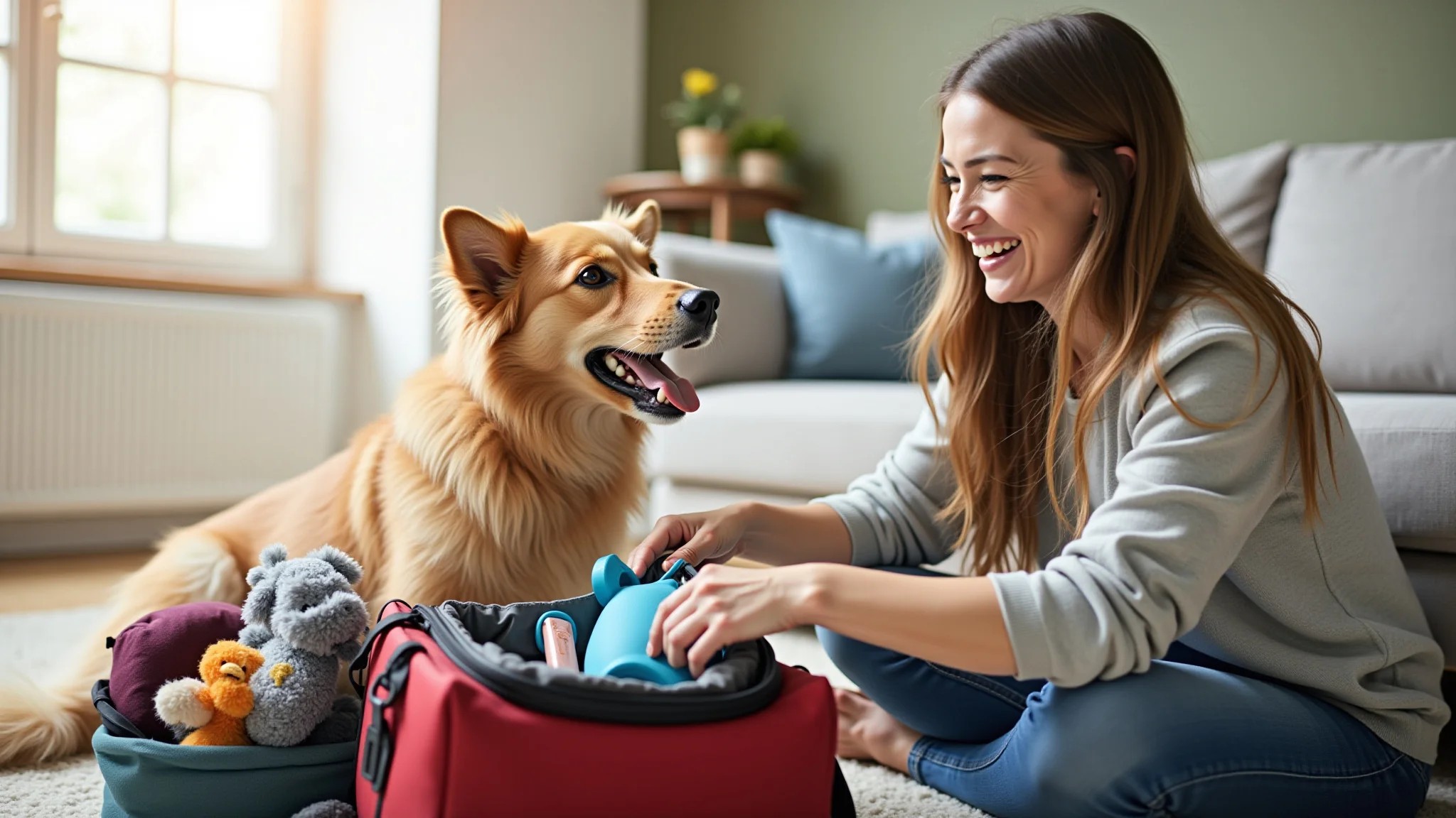 Mulher sorrindo arrumando mala de viagem com brinquedos e acessórios para cachorro.