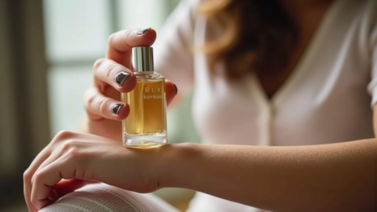 Mulher aplicando perfume no pulso.