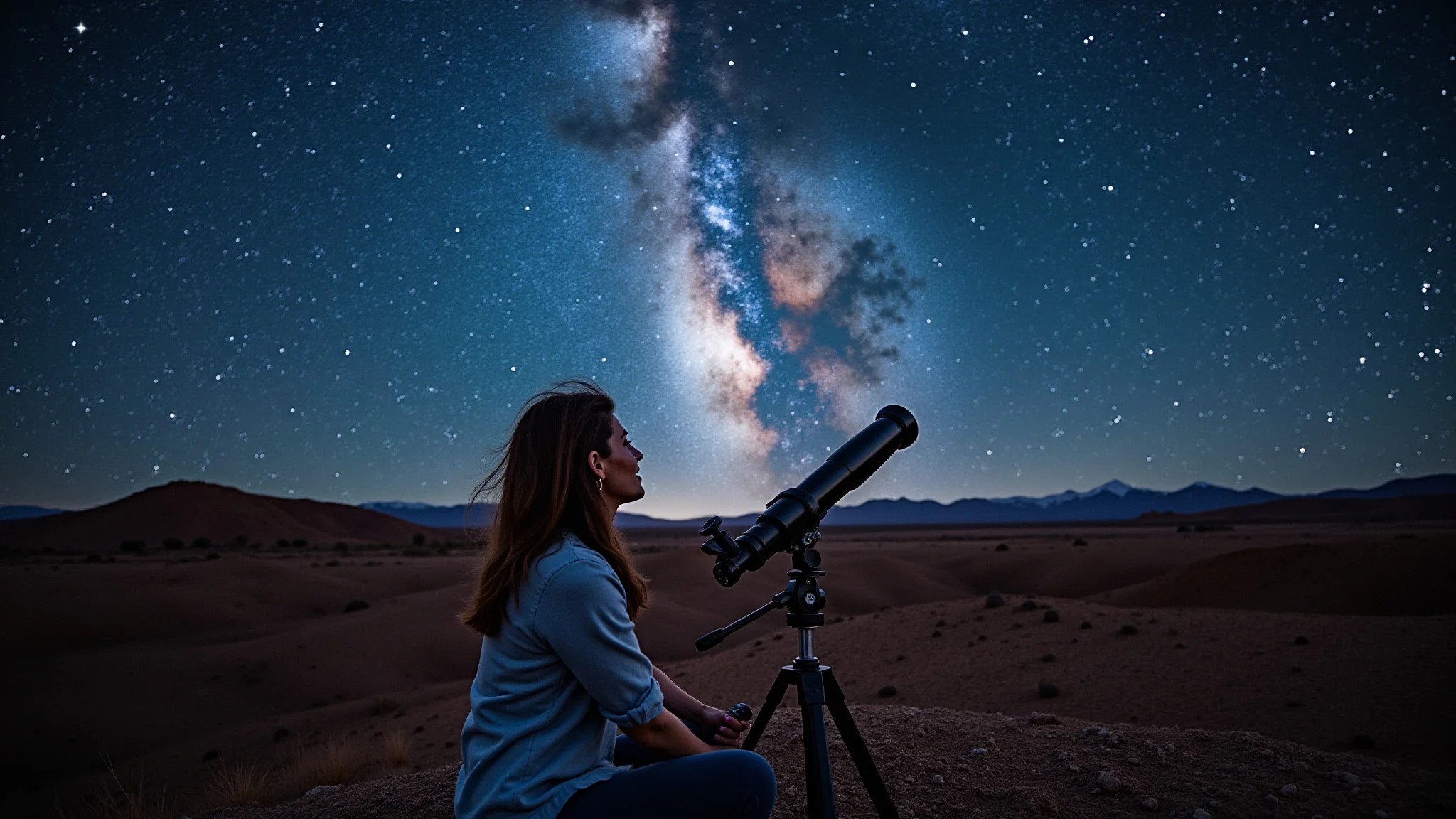 Mulher observando as estrelas no Deserto do Atacama à noite, Via Láctea visível.