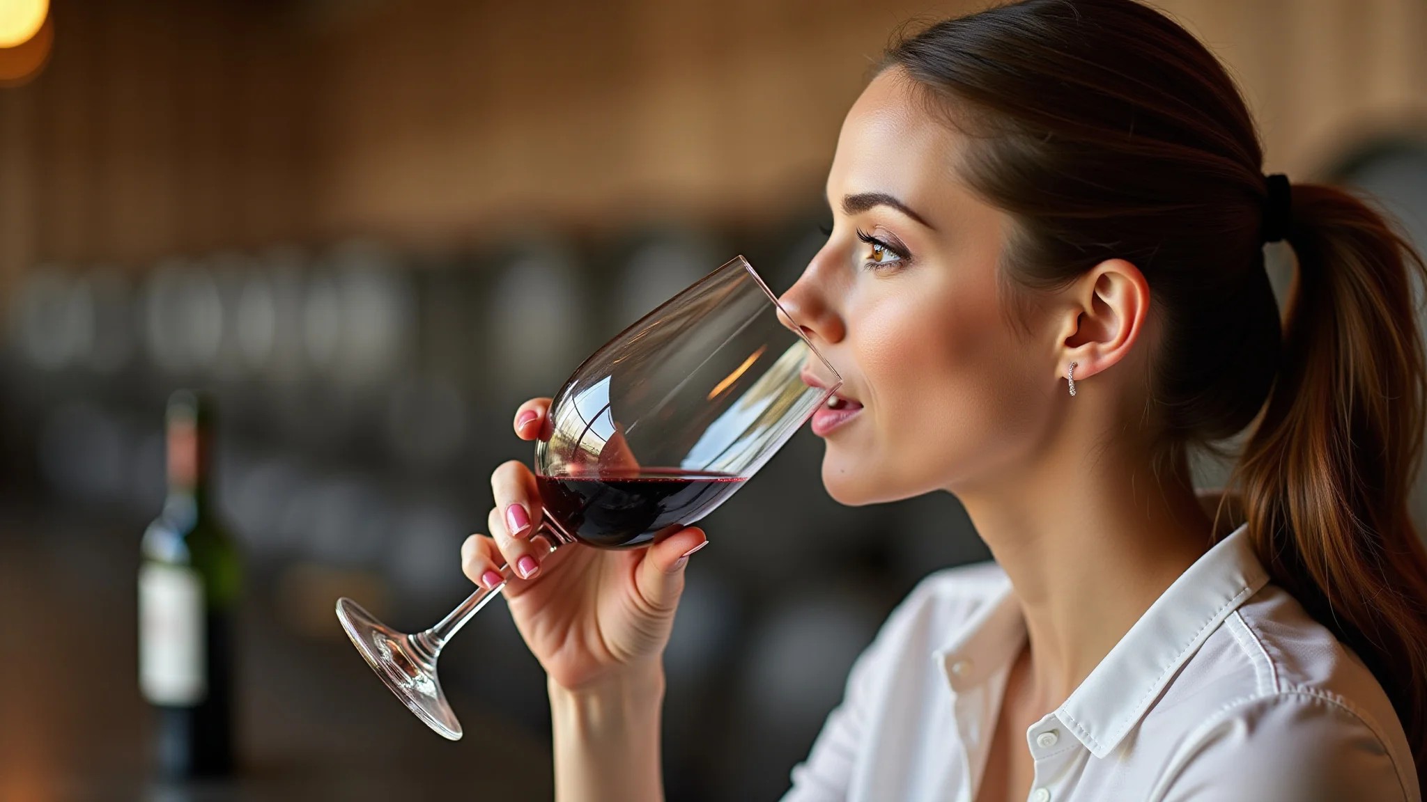 Mulher degustando vinho na Vinícola Salton, fotografia profissional, alta qualidade.