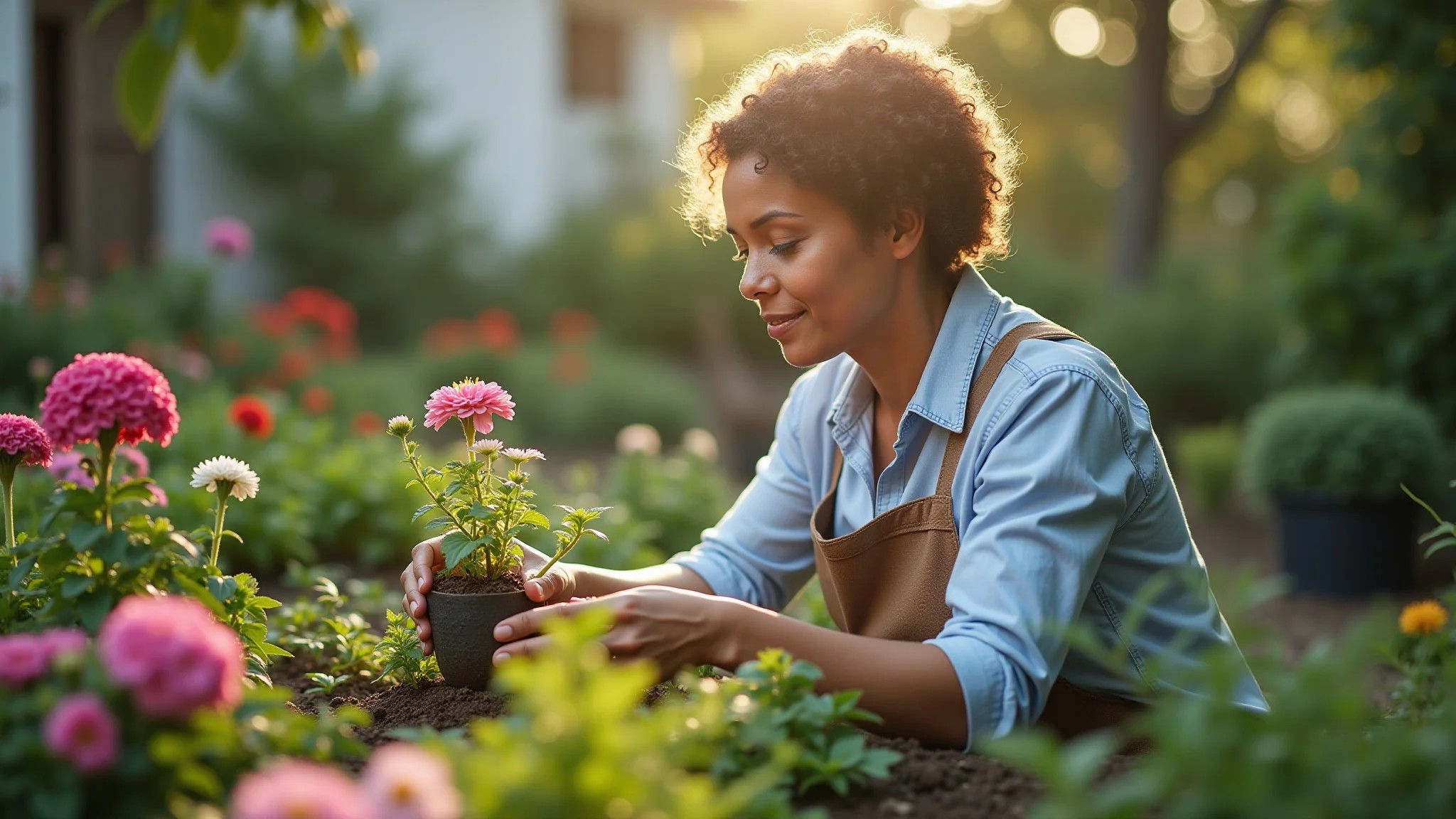 Mulher cuidando de seu pequeno jardim de inverno, cercada por plantas e flores.